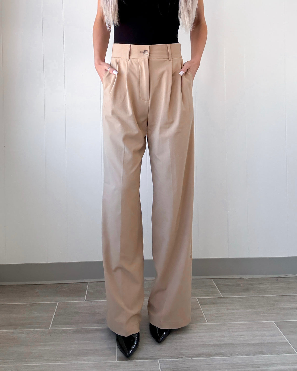 strapless open back dress High Society Pleated Wide Leg Dress Pants - Khaki