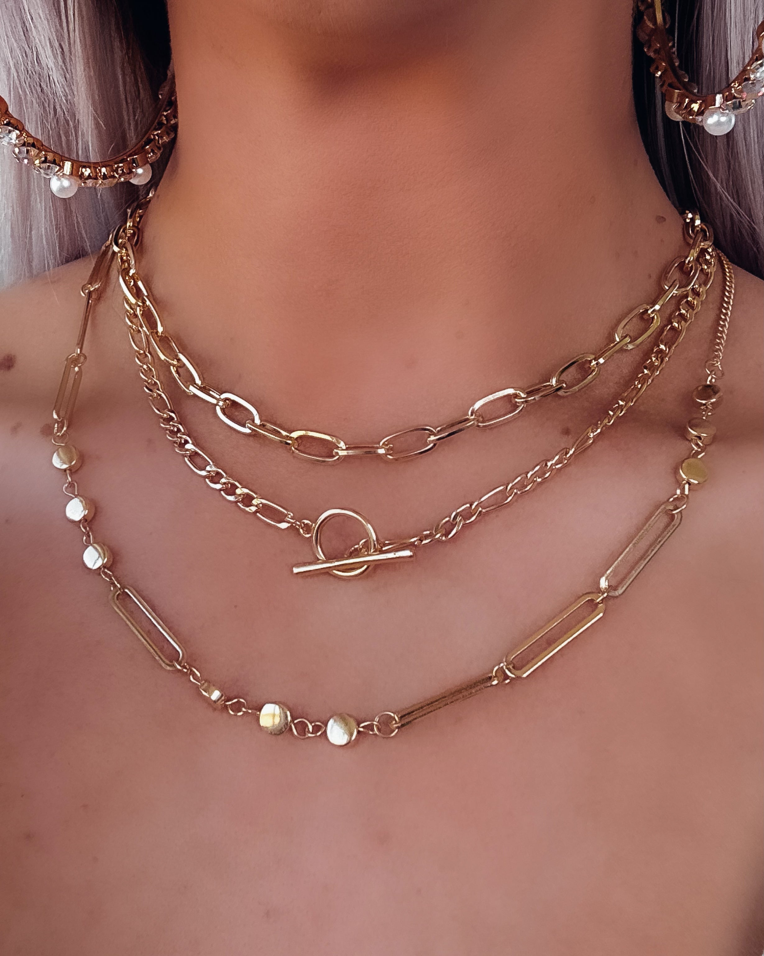 Oval Link Layered Necklace Set - Gold