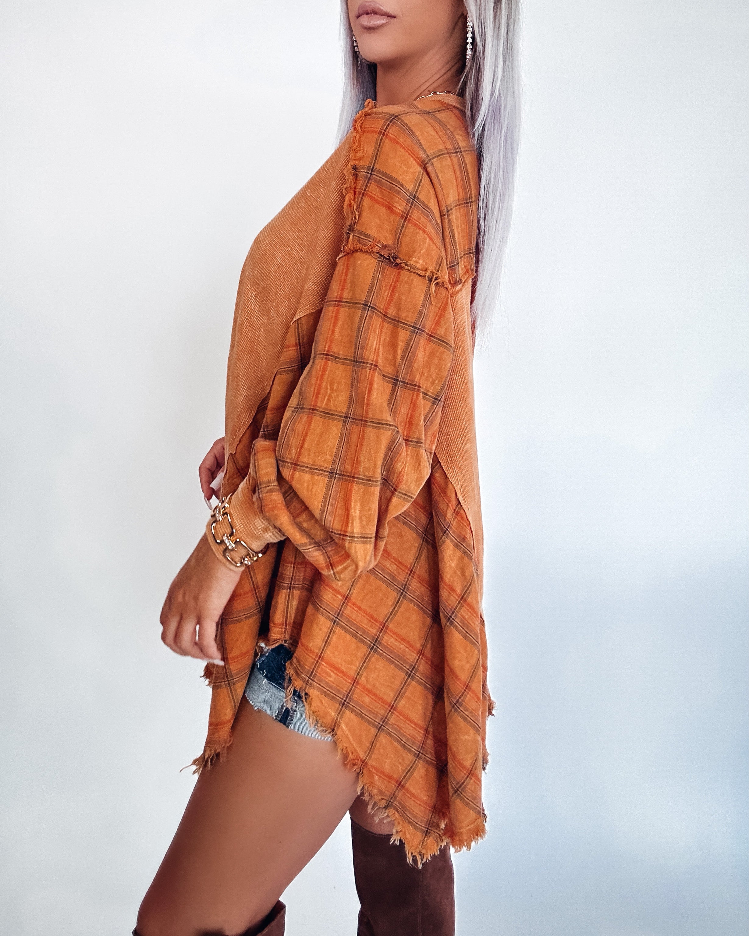 Fall Into Plaid Oversized Top- Amber
