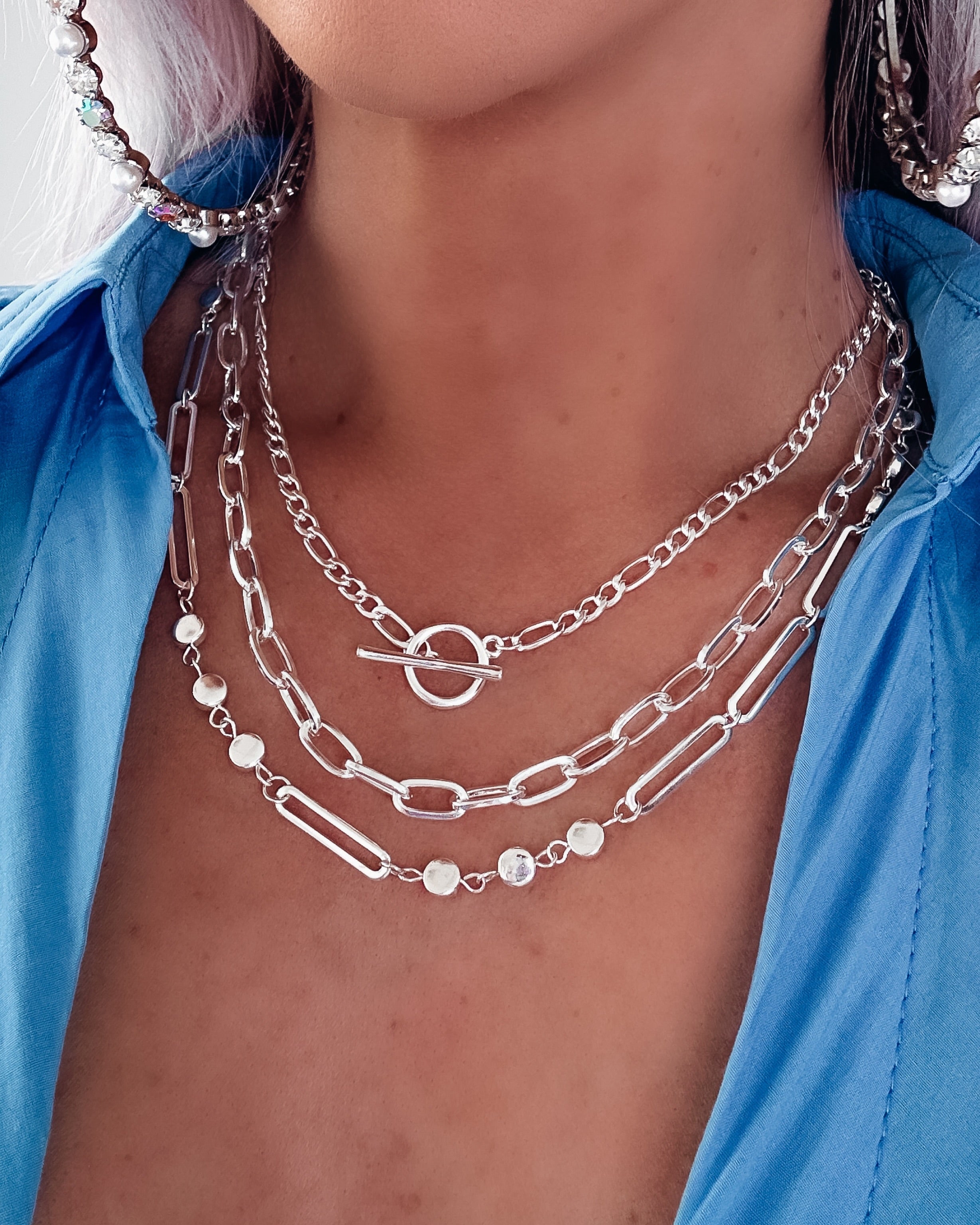 Oval Link Layered Necklace Set - Silver