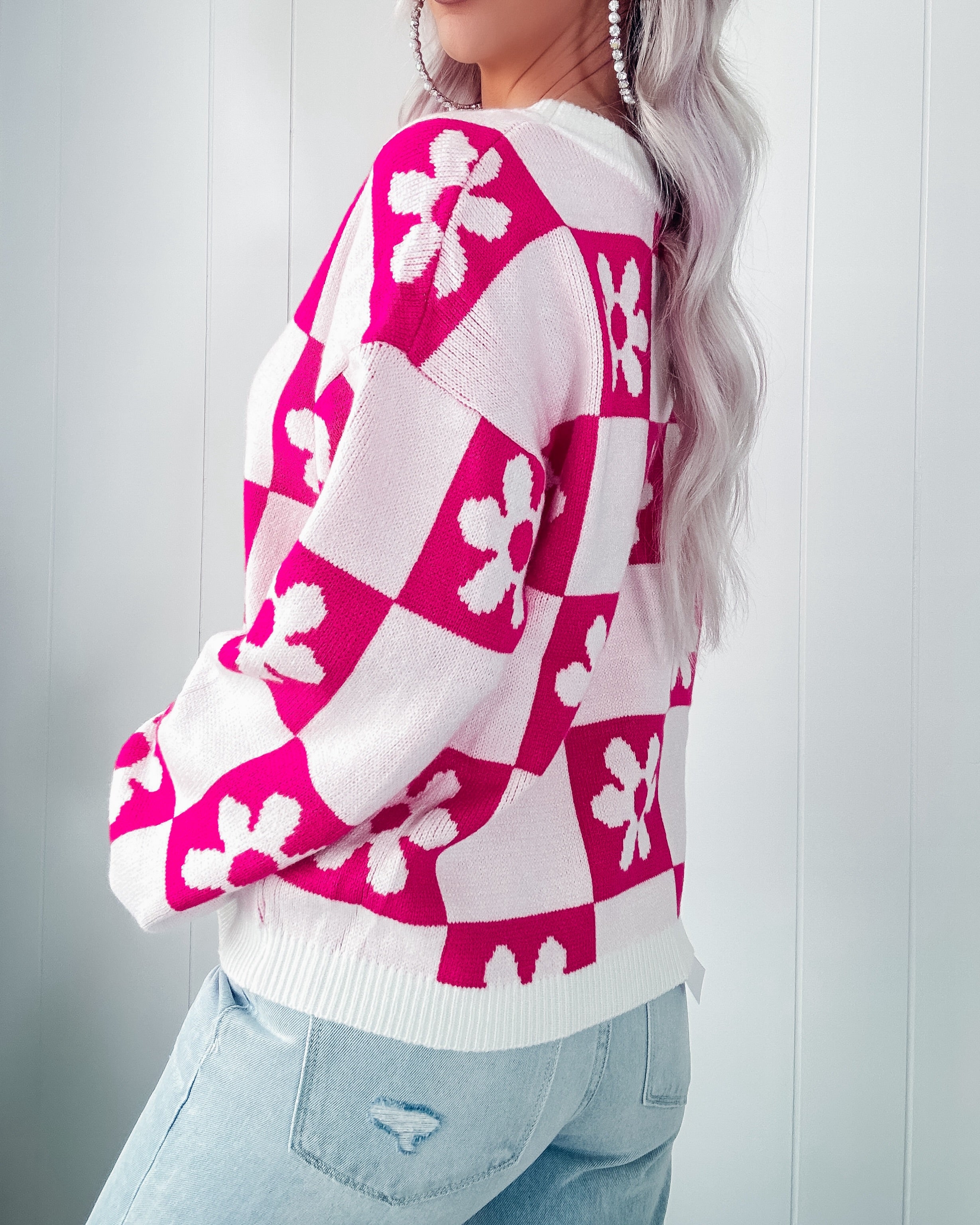 Perfect Timing Flower Checkered Sweater - Hot Pink
