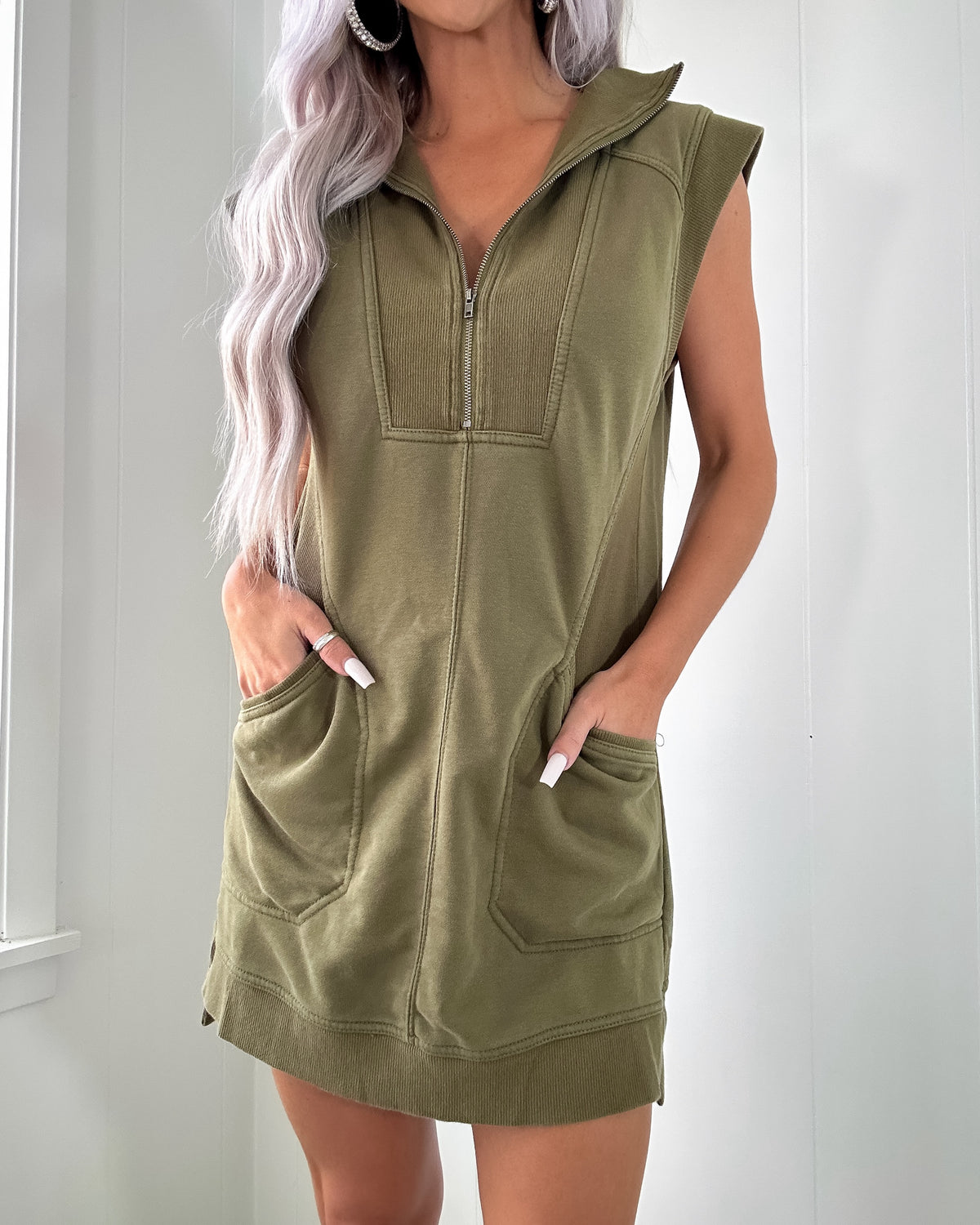 Sporty Luxe Half Zip Dress - Olive XL Sporty Luxe Half Zip Dress - Olive XL