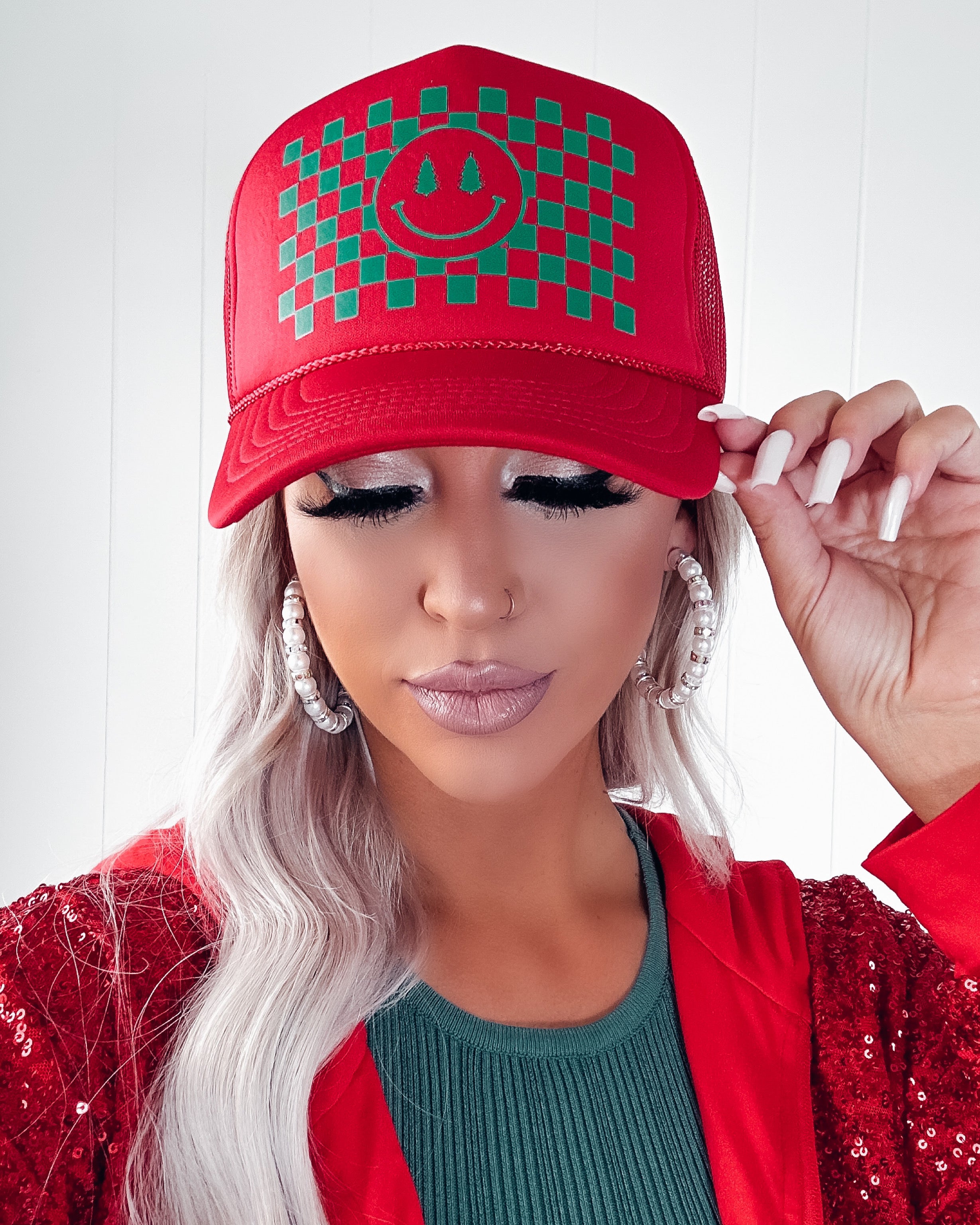 Christmas Tree Smiley Trucker Hat - Red