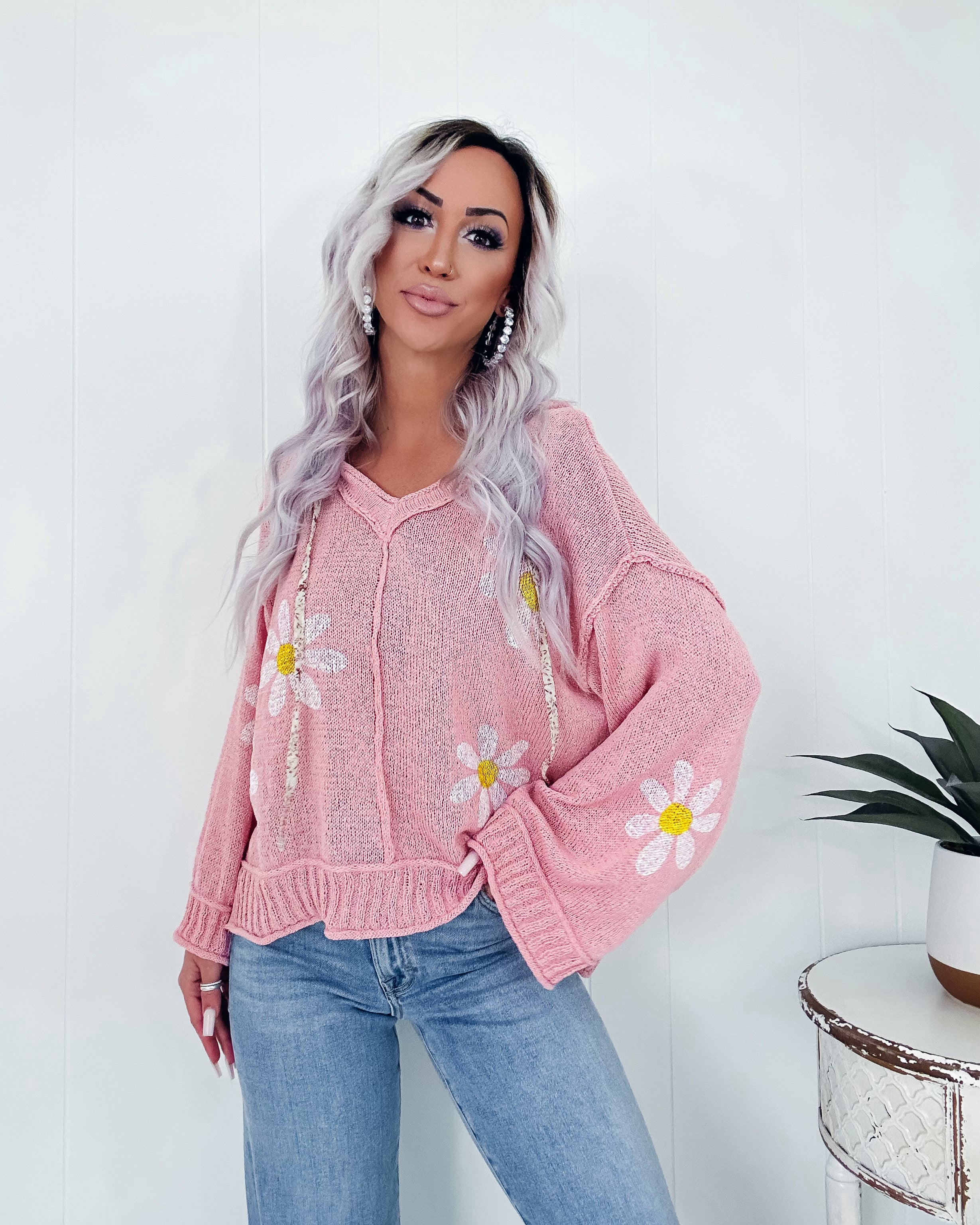Floral Embrace Knit Hooded Sweater - Mauve