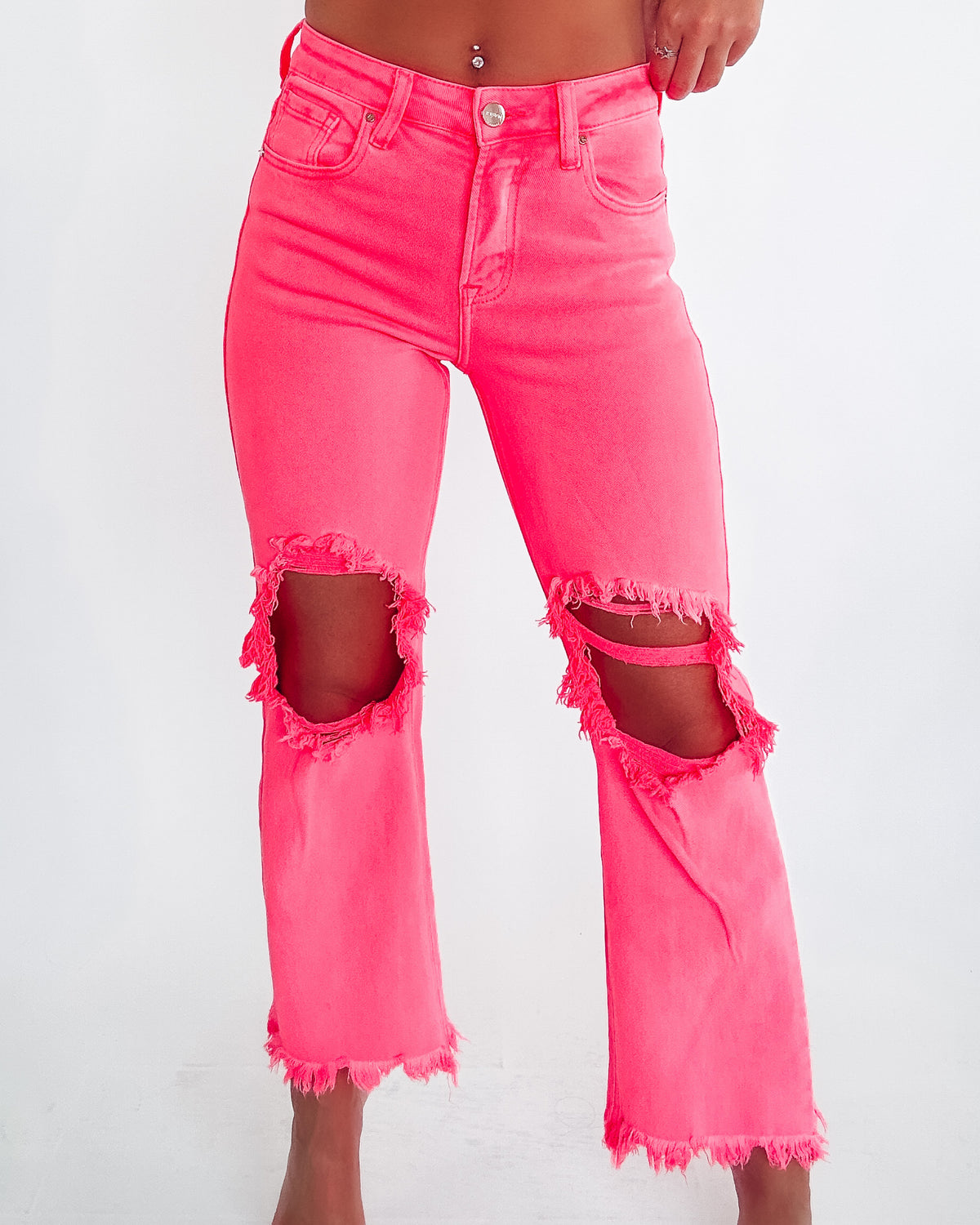 Jessie High Rise Distressed Jeans - Neon Coral