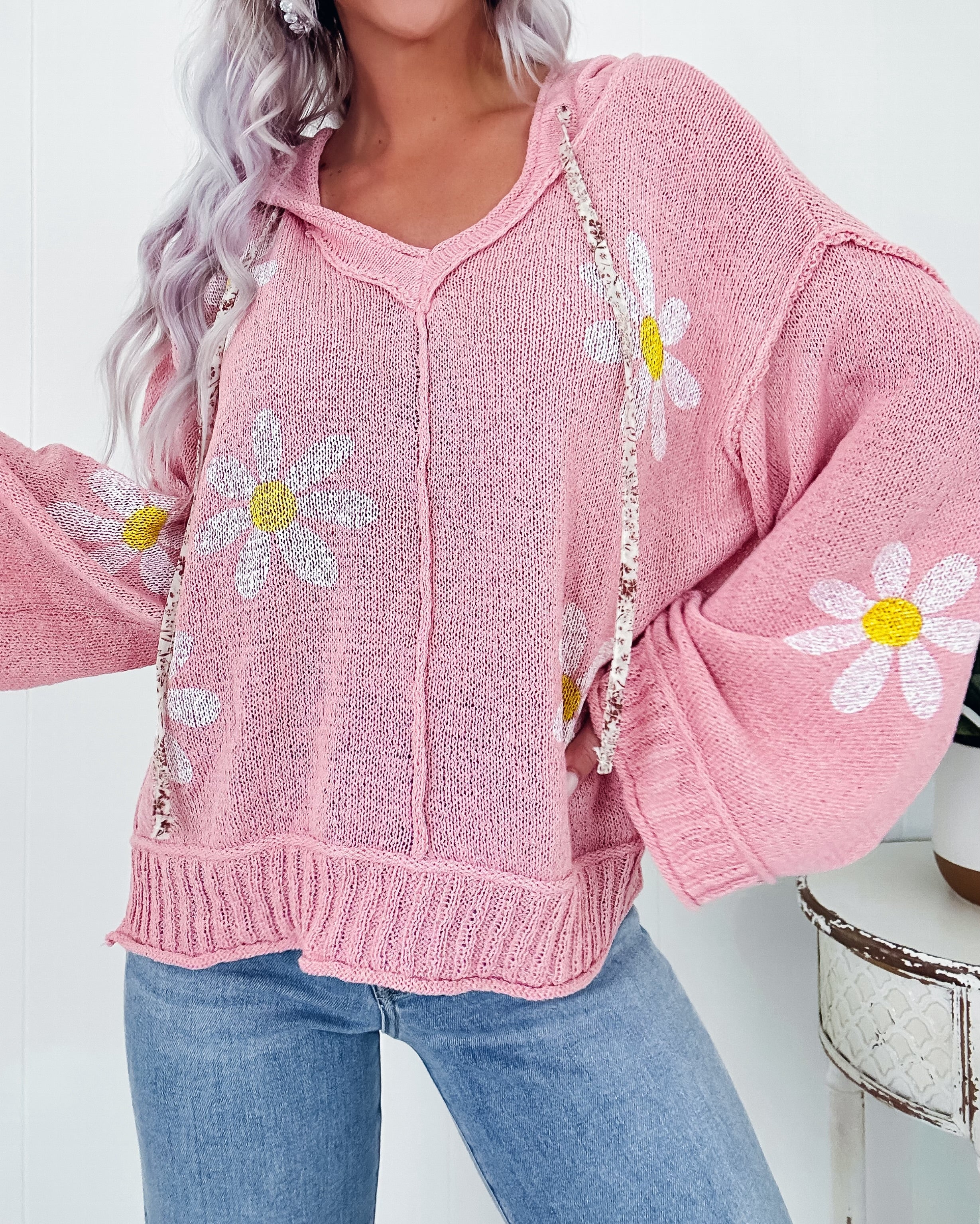 Floral Embrace Knit Hooded Sweater - Mauve