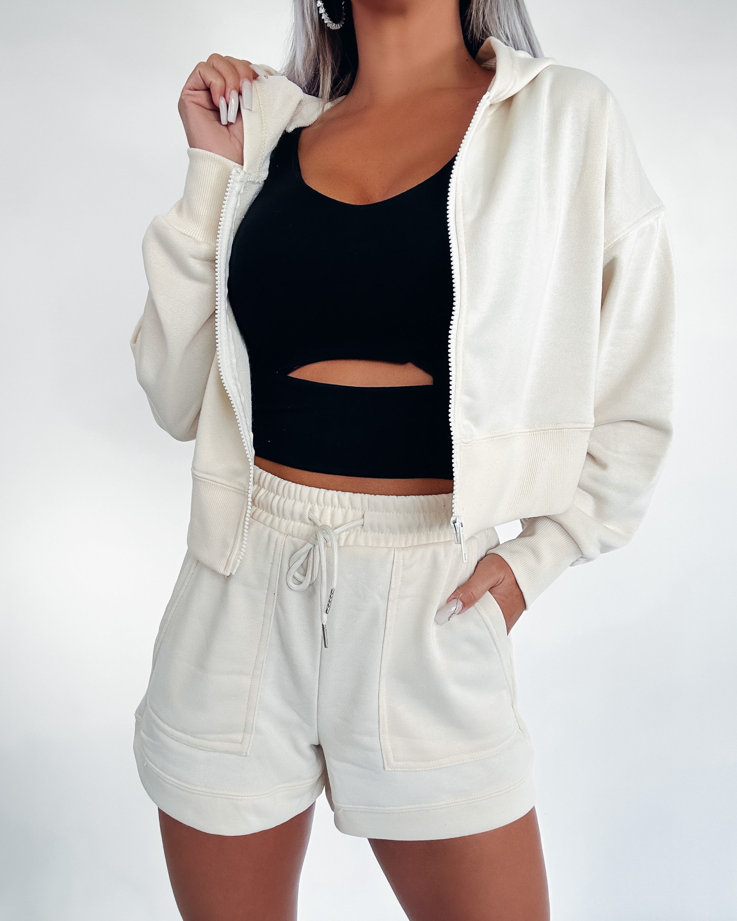 Take It Easy Hooded Zip Up/Shorts Set- Antique White