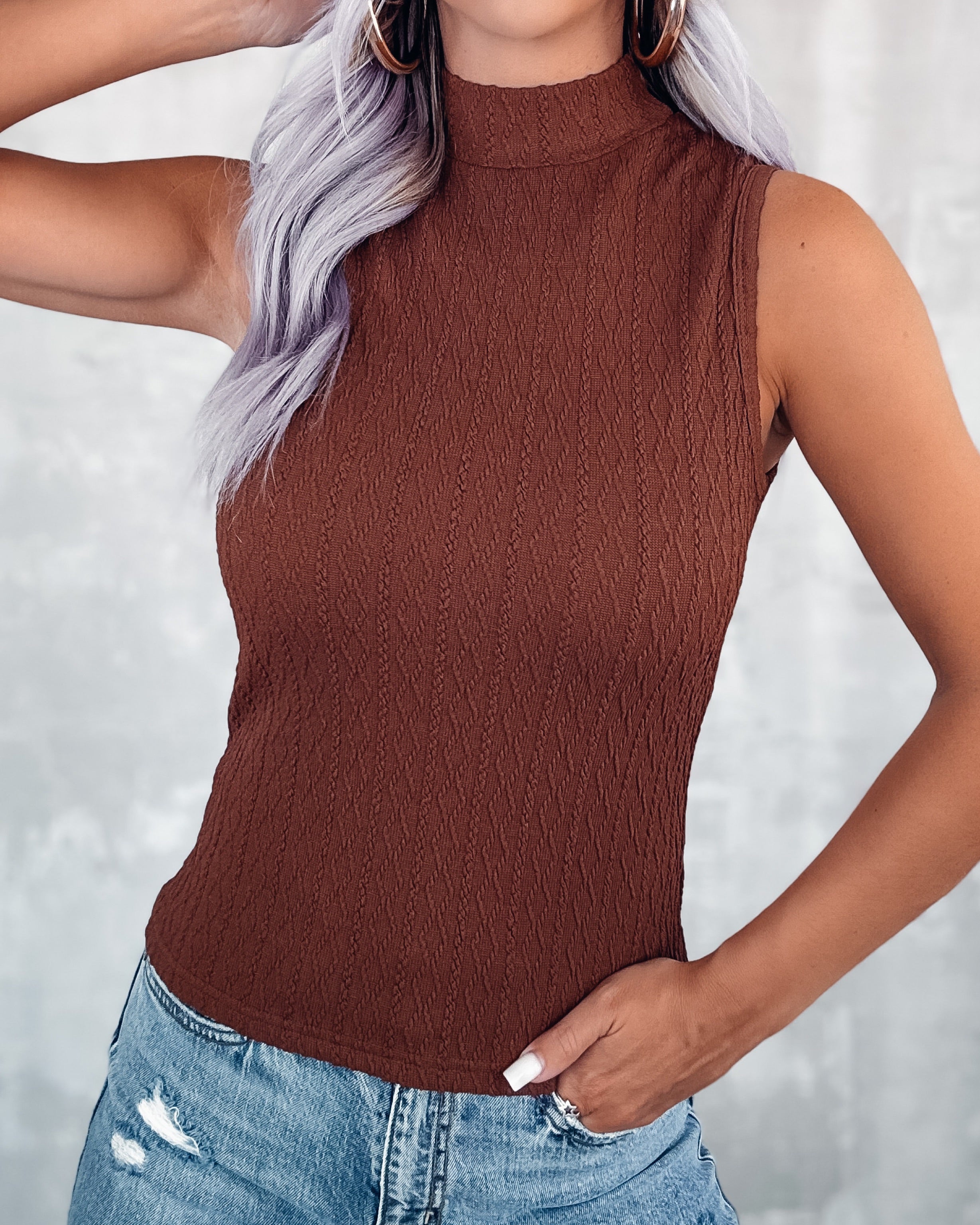 Cable Knit Classic Mock Neck - Brown