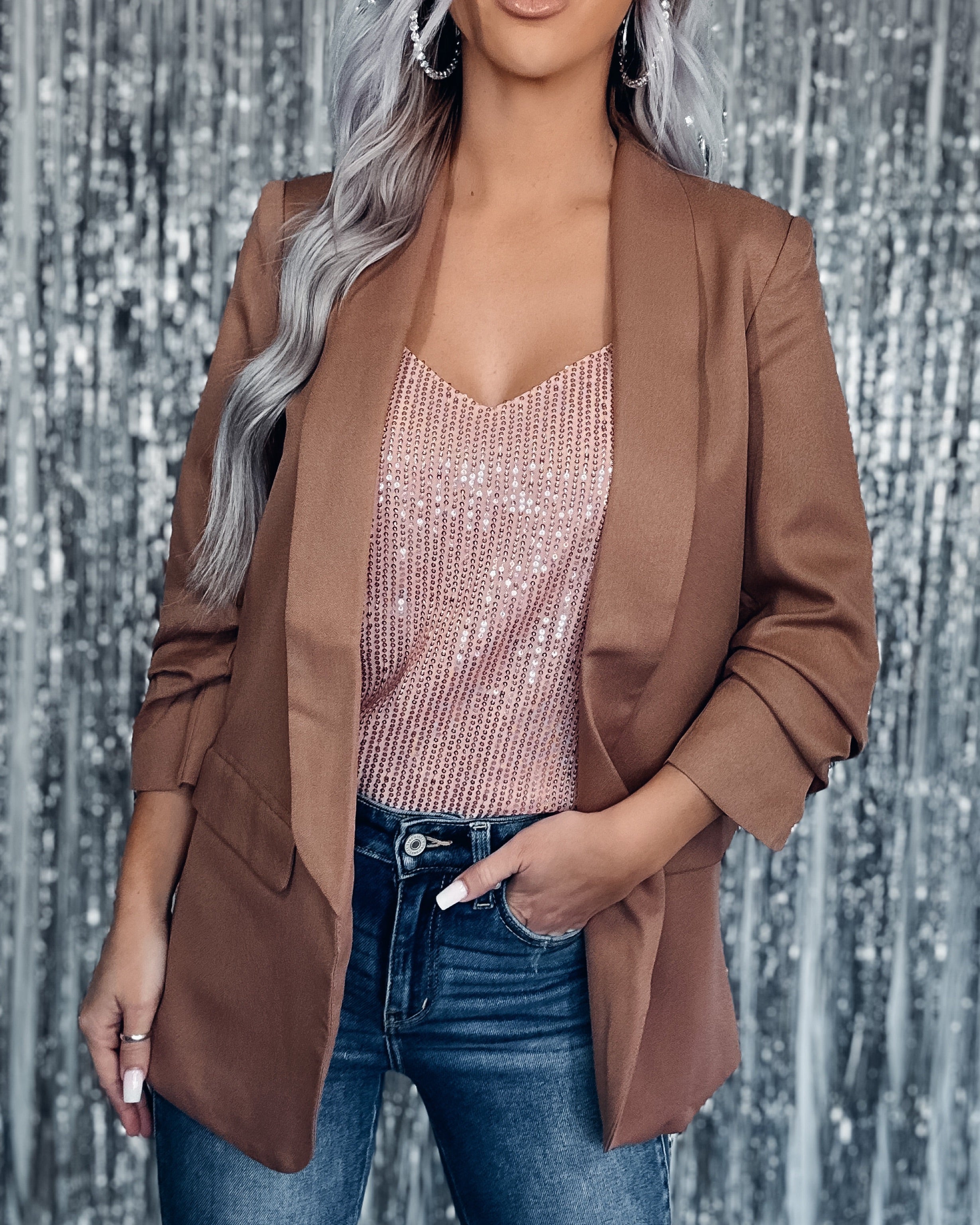 CEO Moves Ruched Sleeve Blazer - Mocha
