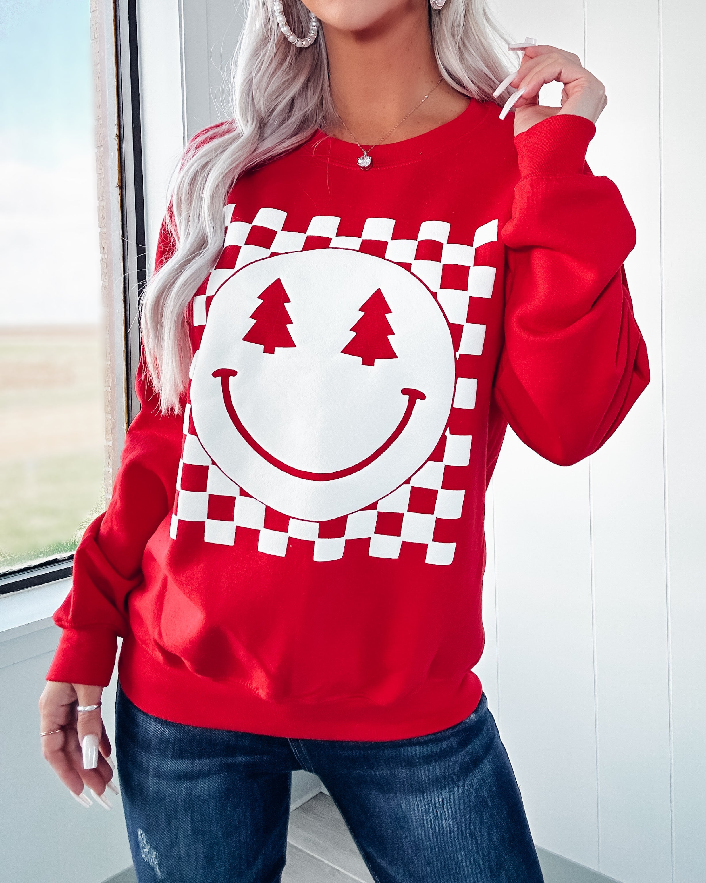 Red top checkered sweatshirt