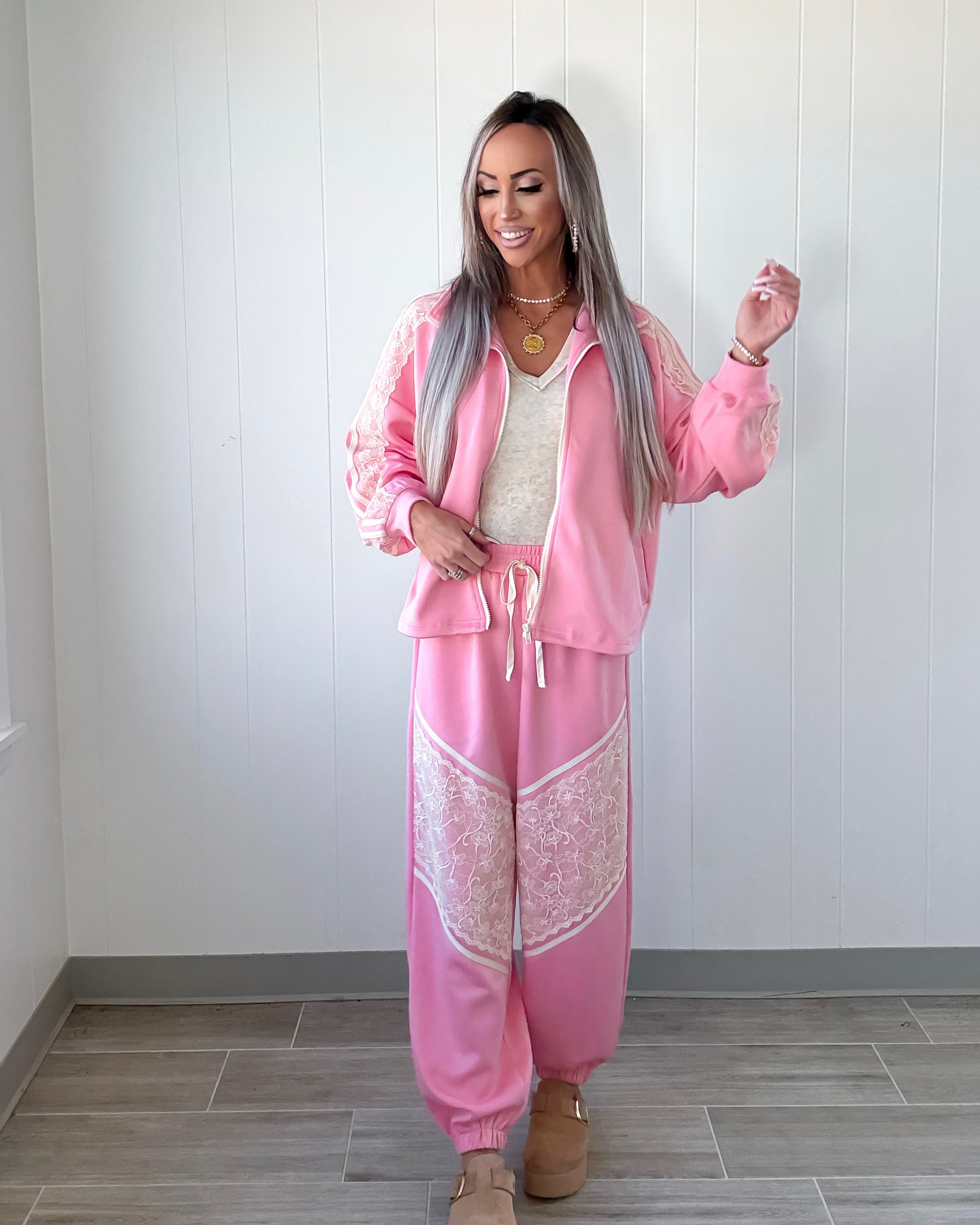 Elevated Lace Lounge Pants Set - Baby Coral