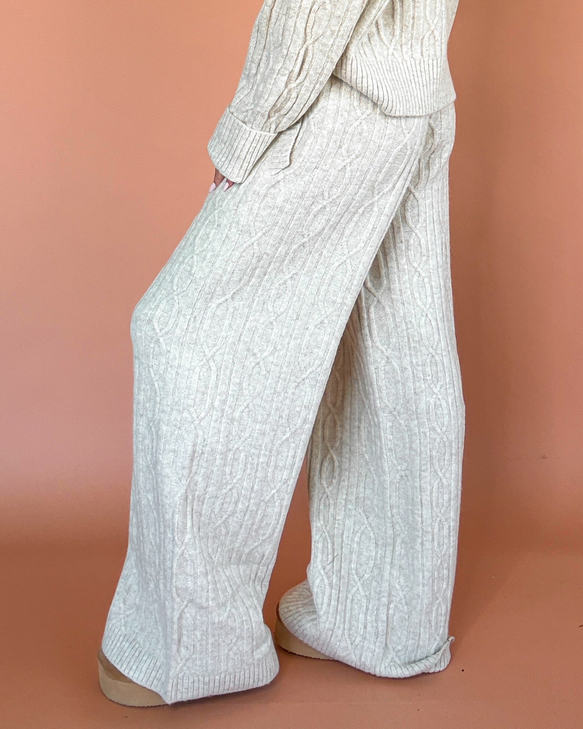 Winter Muse Cable Knit Wide Leg Pants Set - Oatmeal