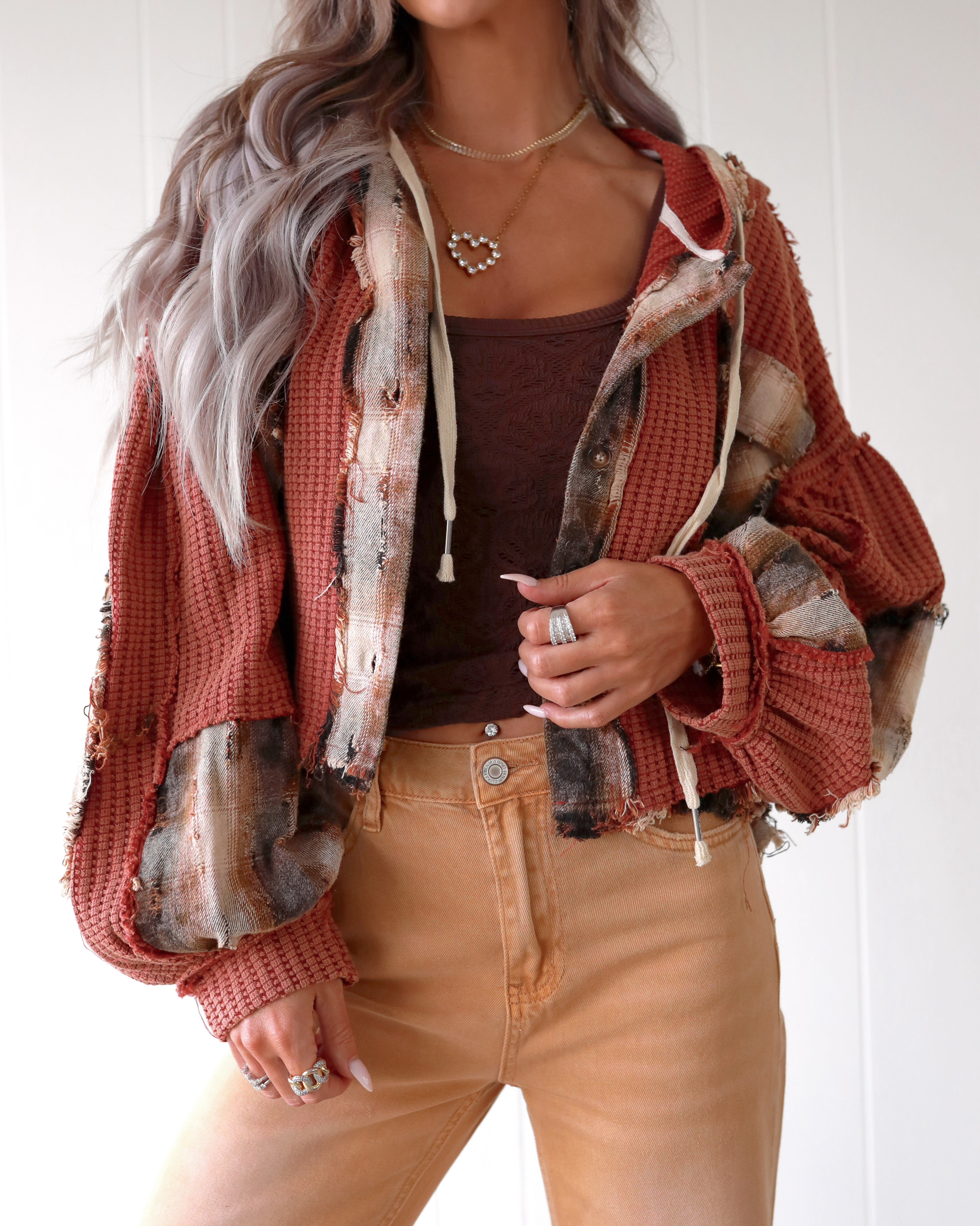 Sweet Patchwork Hooded Top - Maroon