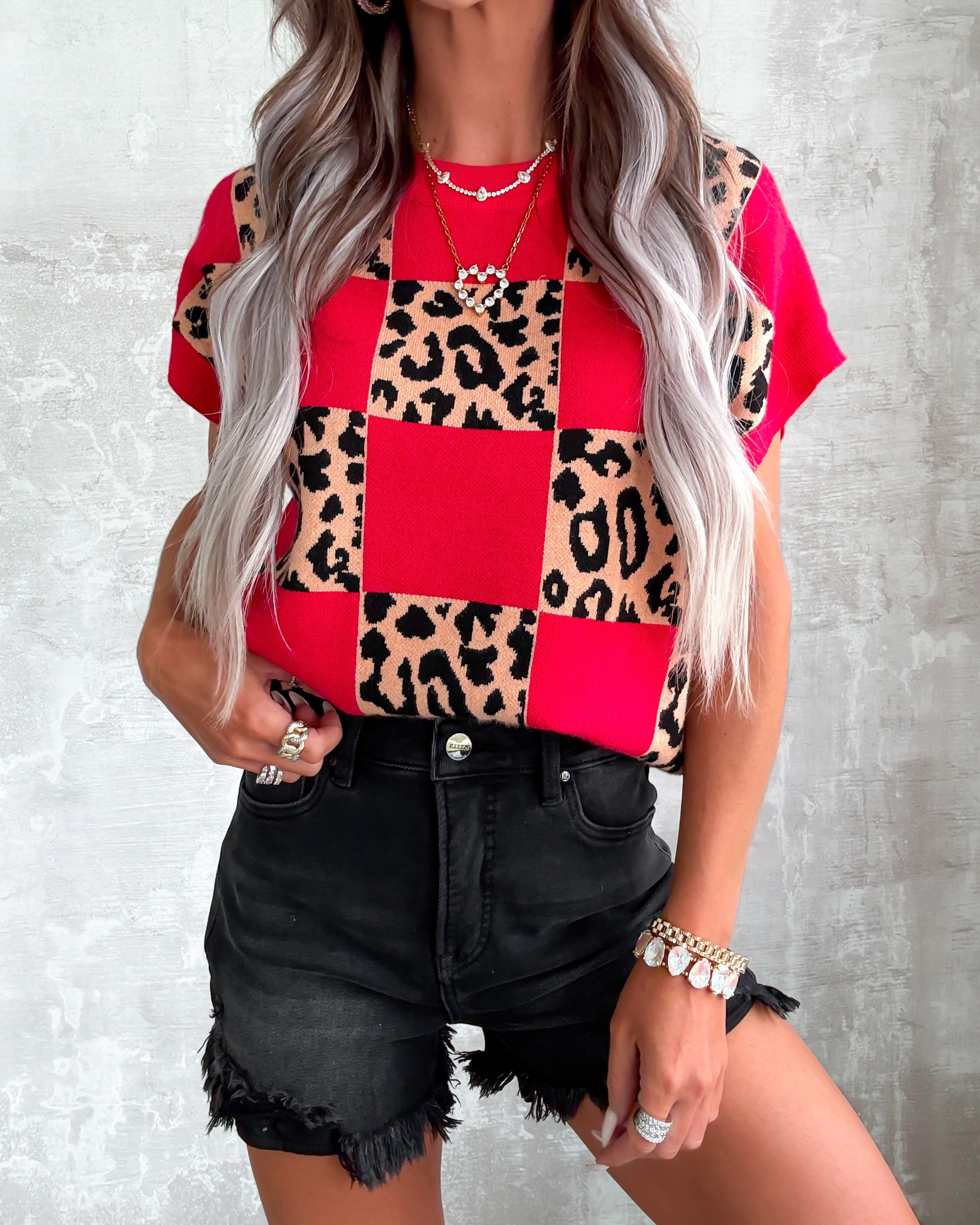 Untamed Grid Leopard Sweater Top - Red/Leopard