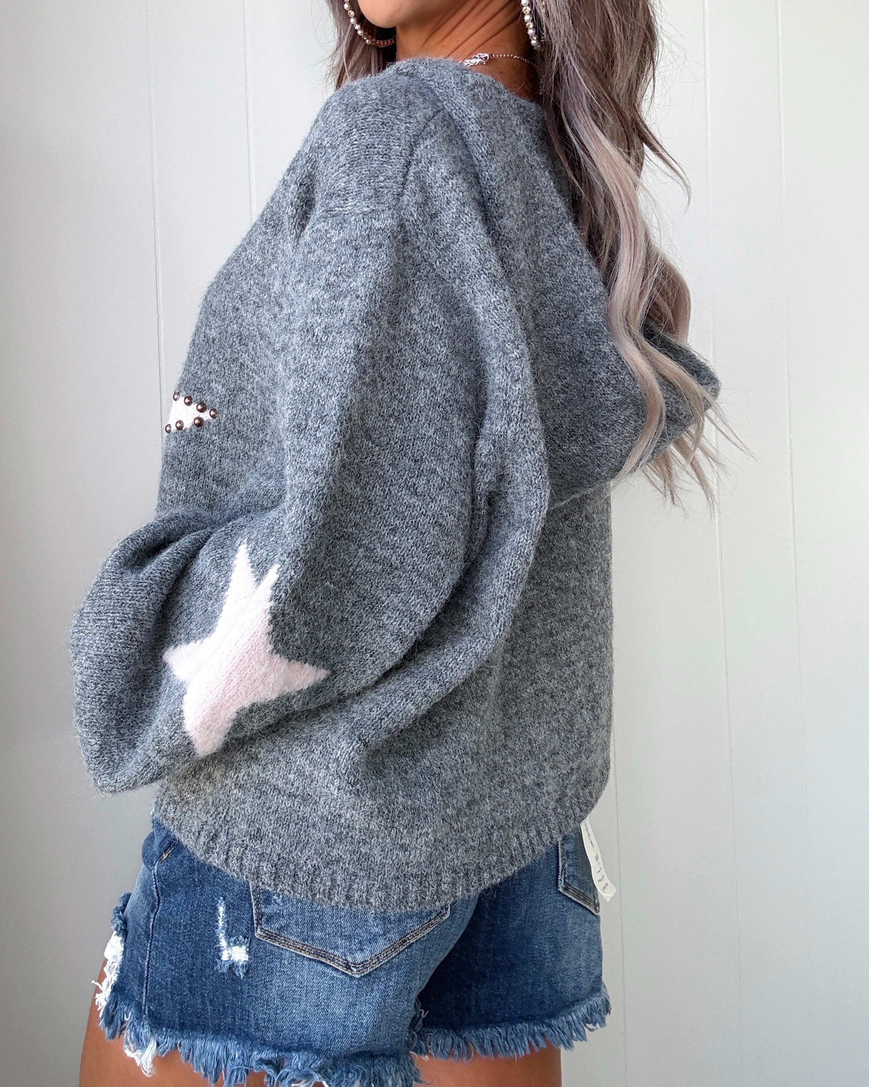 Shooting Star Studded Sweater - Heather Grey
