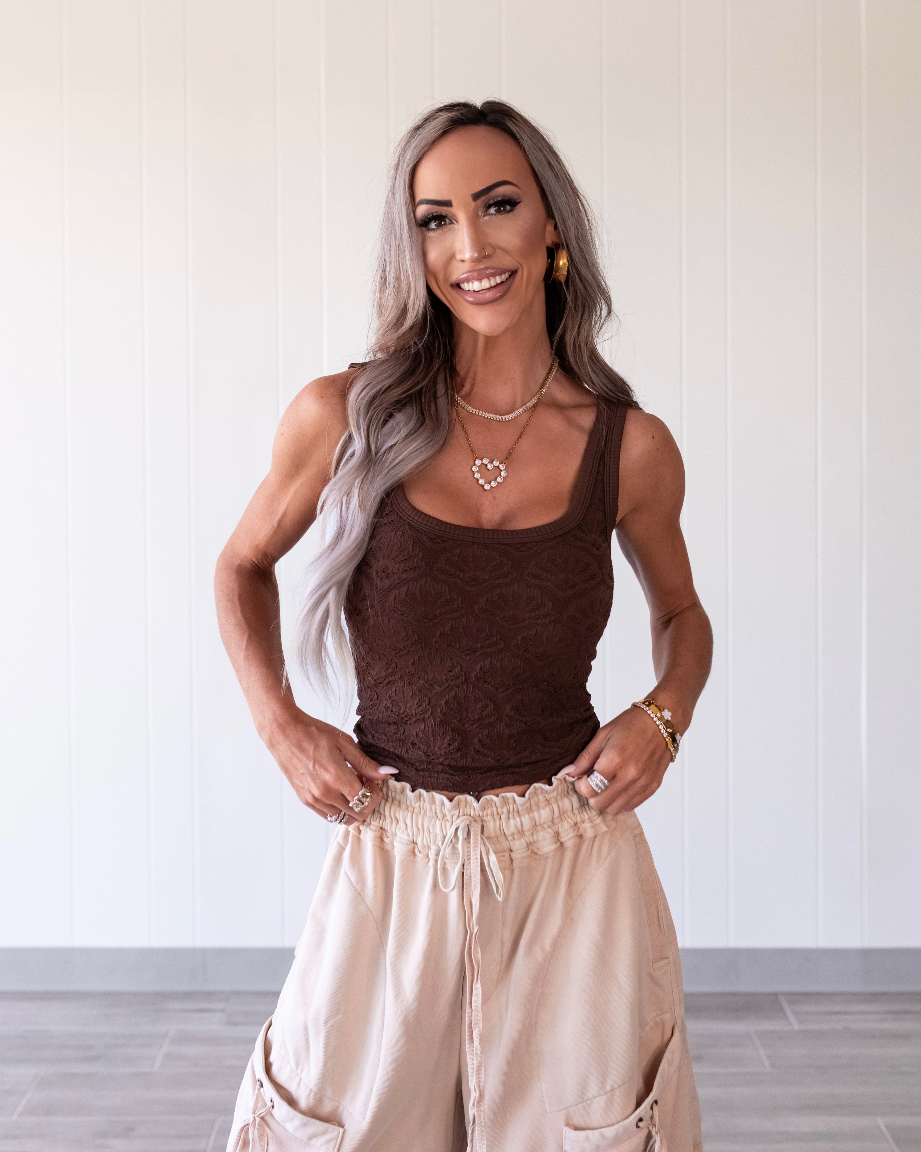 Floral Textured Lace Tank - Coffee Bean