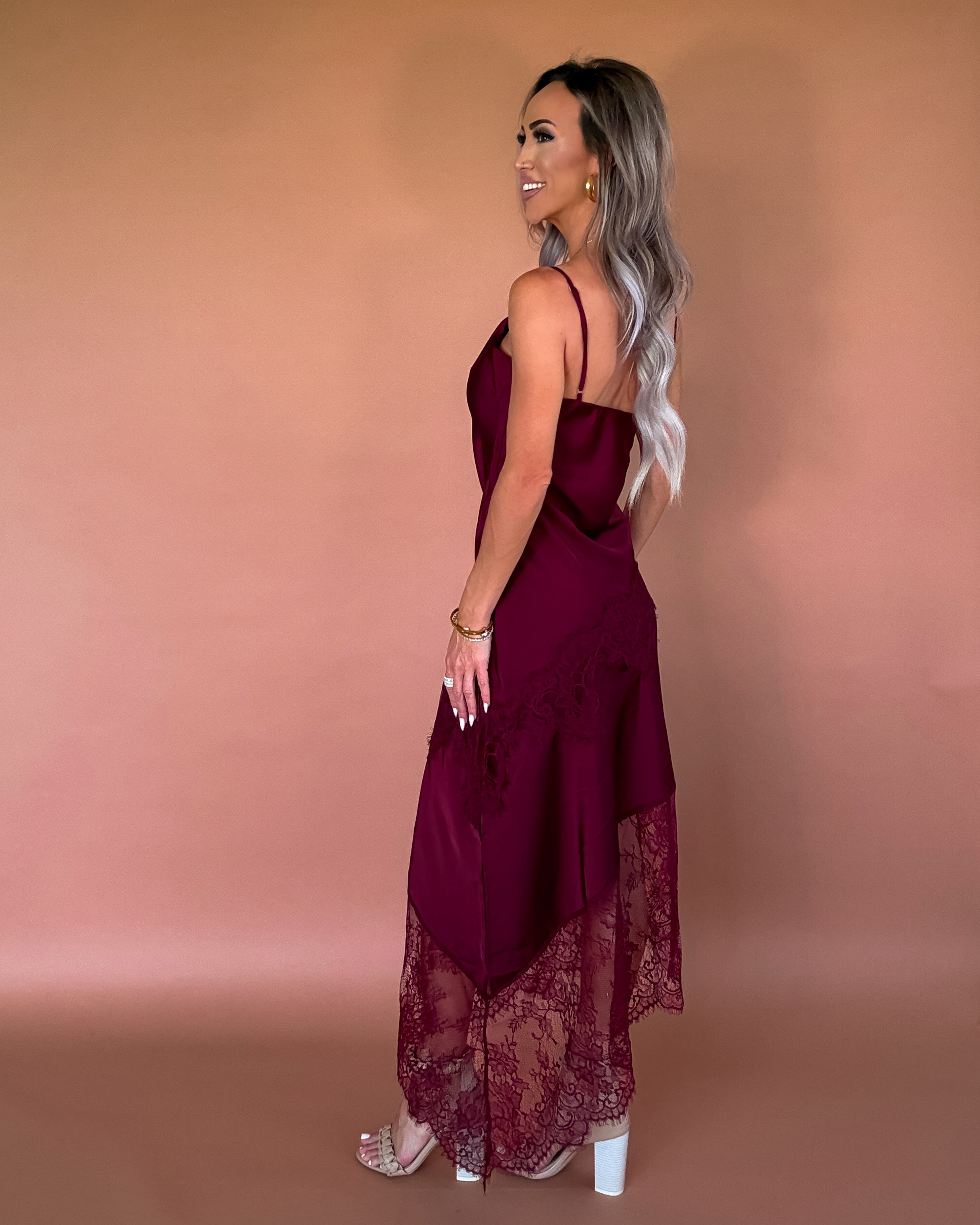 Flirty Femme Satin Lace Dress - Wine