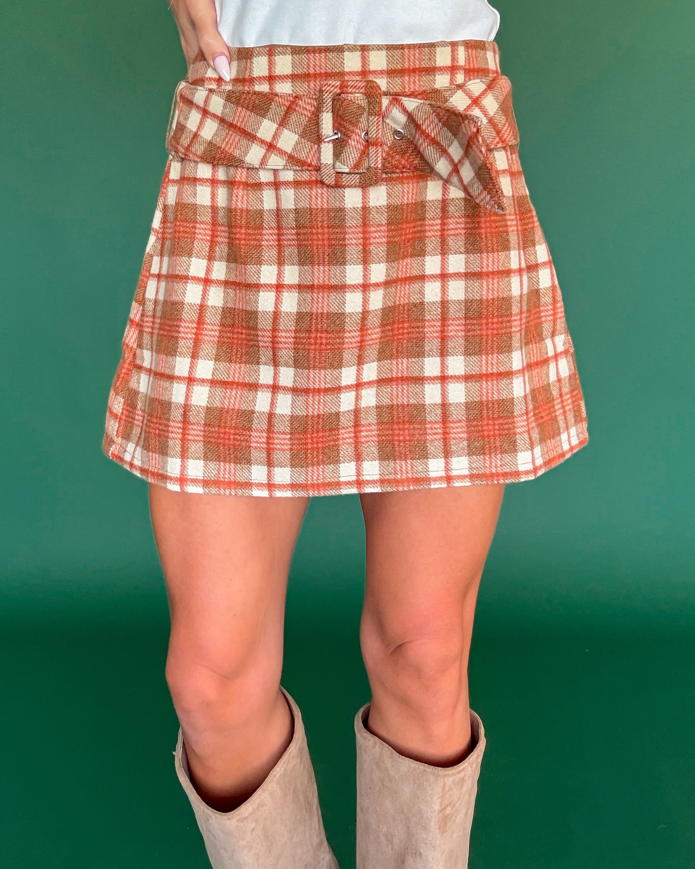Fall Favorite Plaid Buckle Mini Skort - Ivory/Brown