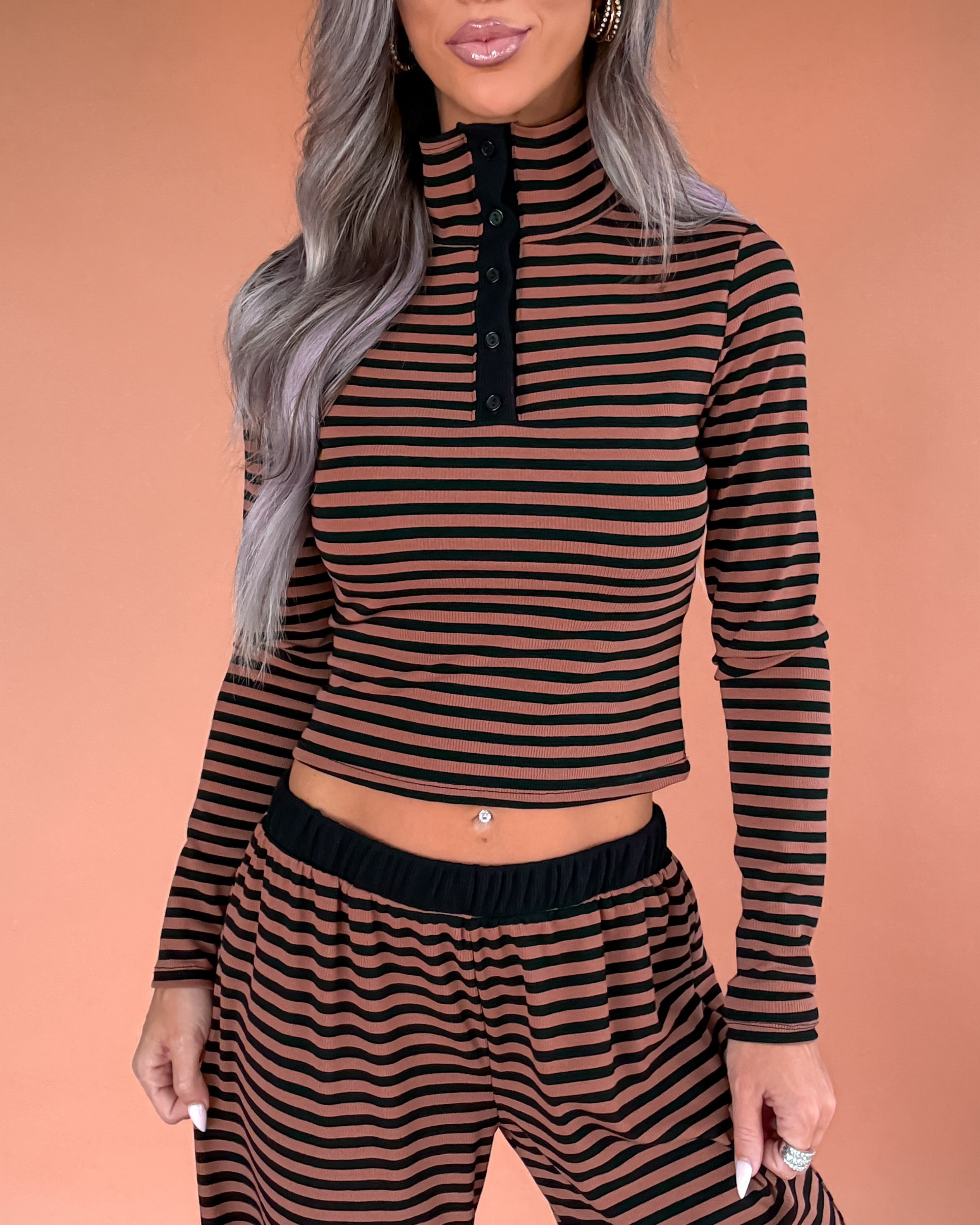 Elevated Stripe Pants Set - Mocha/Black