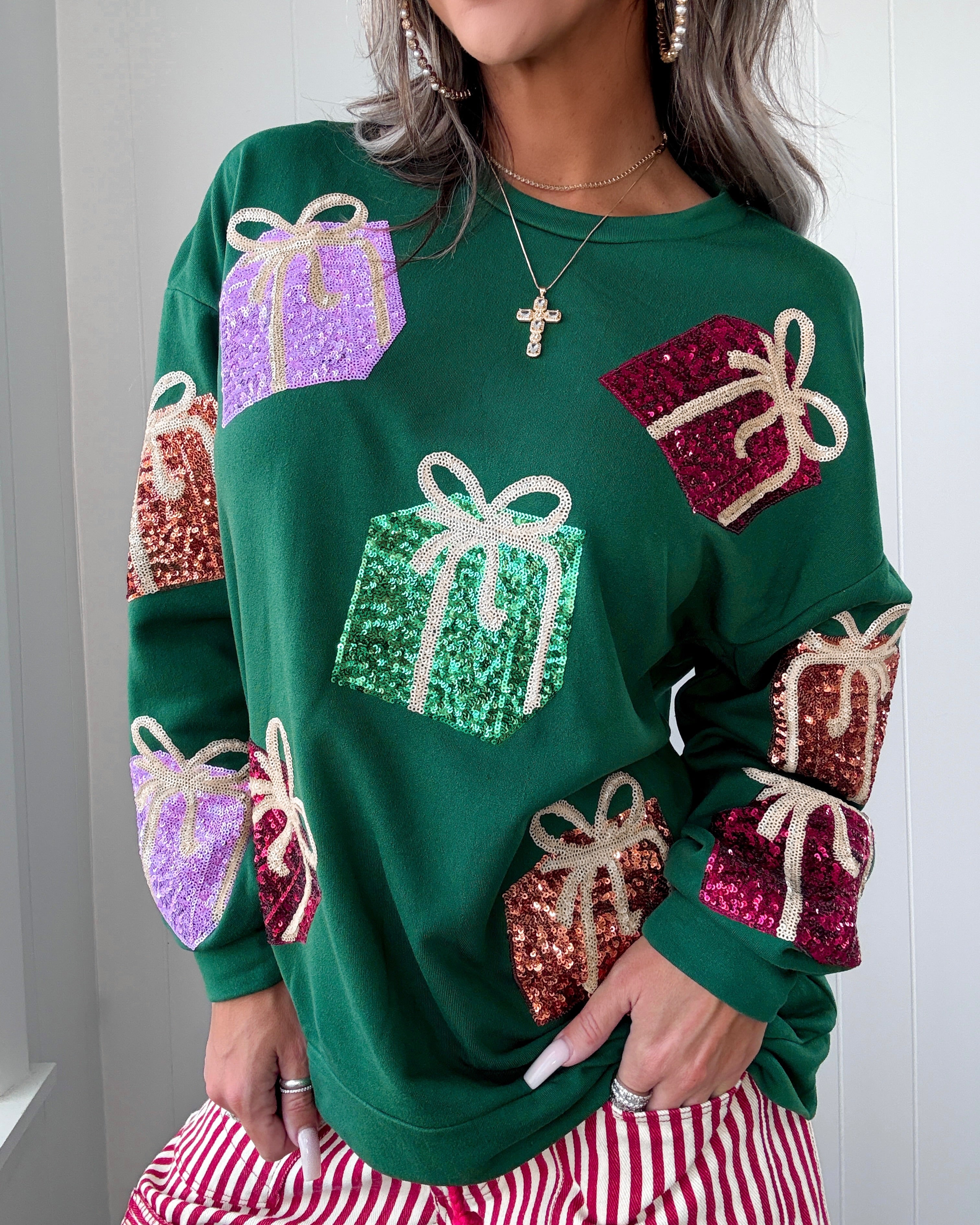 Perfect Gift Sequin Fleece Sweater - Green