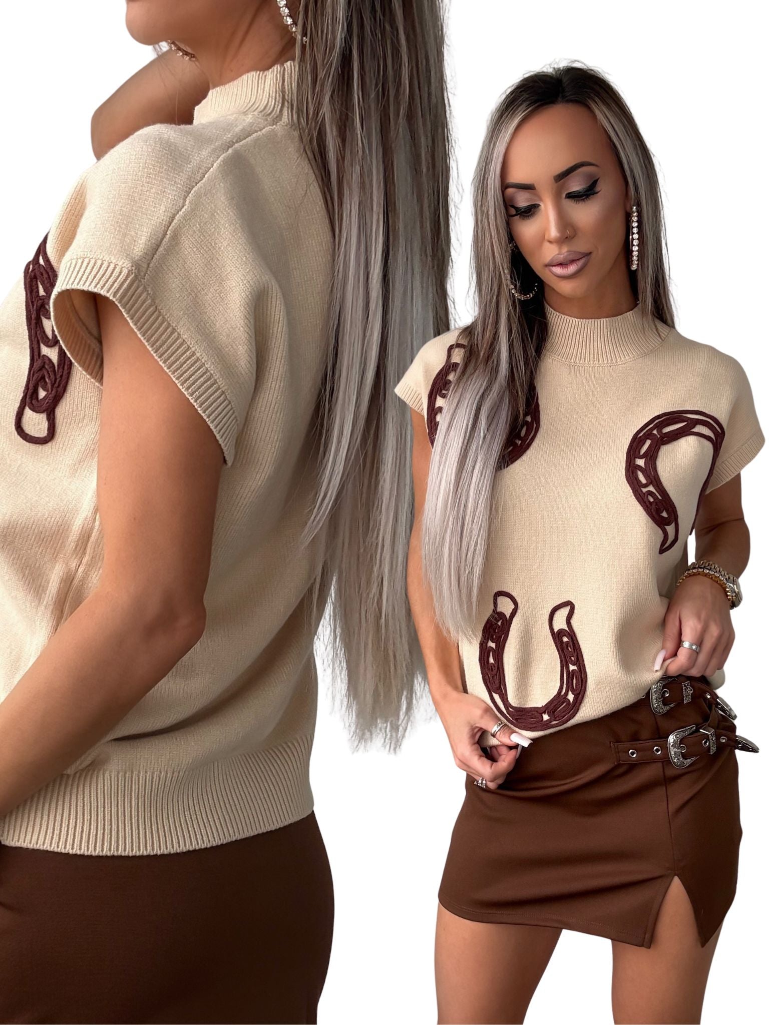 Horseshoe Lane Ribbed Sweater Top - Beige