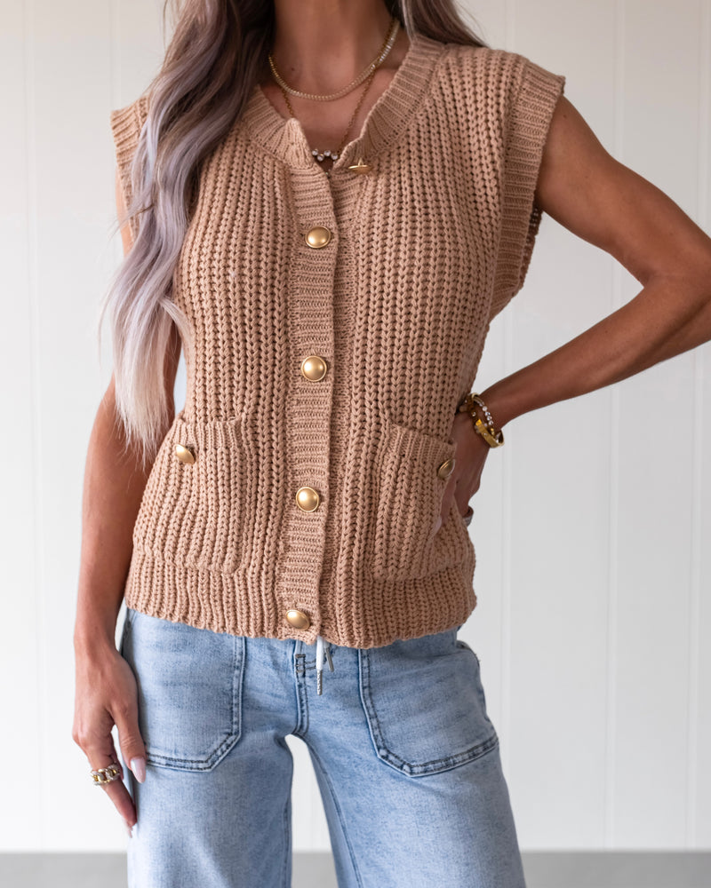 The Harvest Chunky Button Down Sweater Vest - Hazelnut
