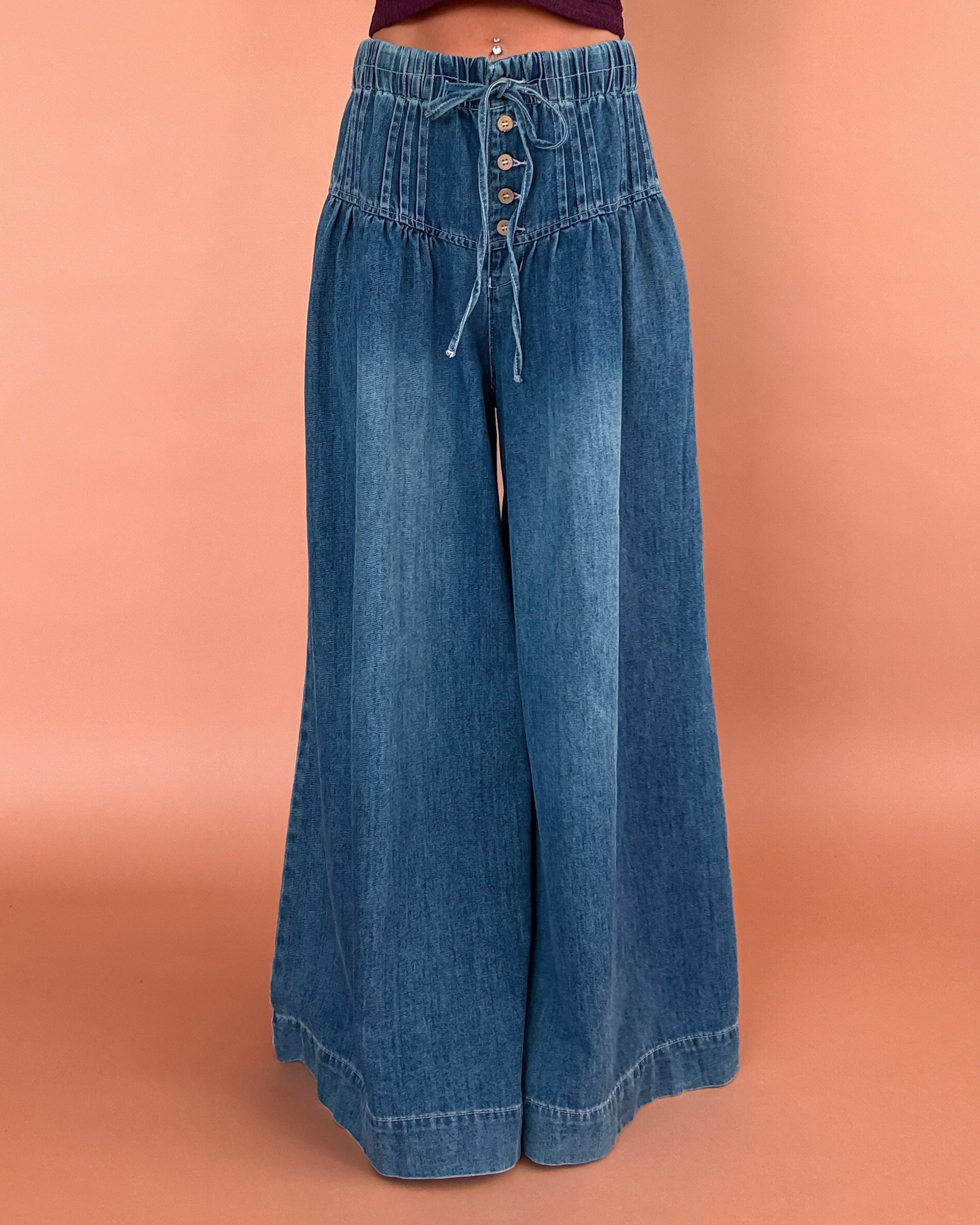 Indigo Pleat Wide Leg Pants - Dark Wash