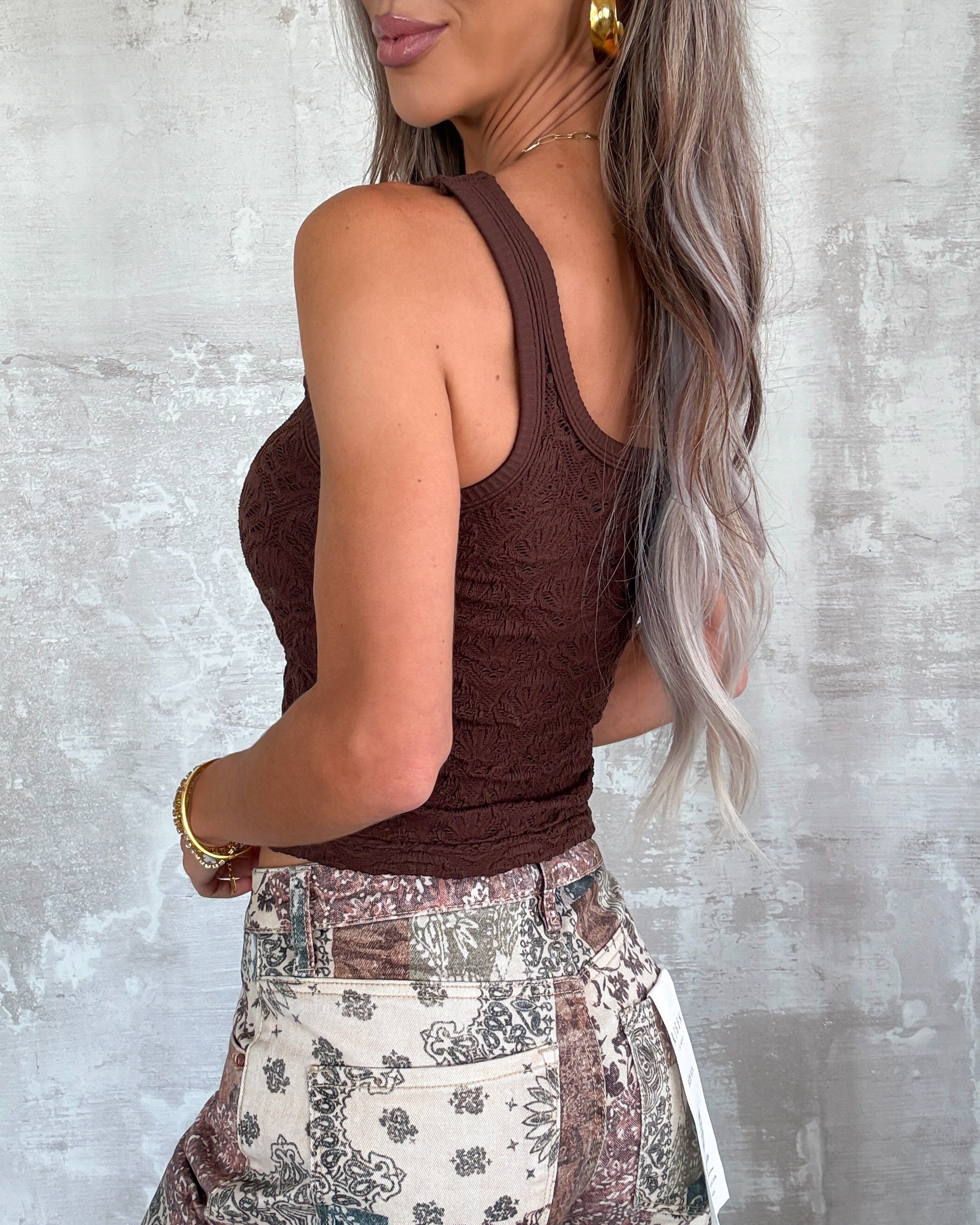 Floral Textured Lace Tank - Coffee Bean