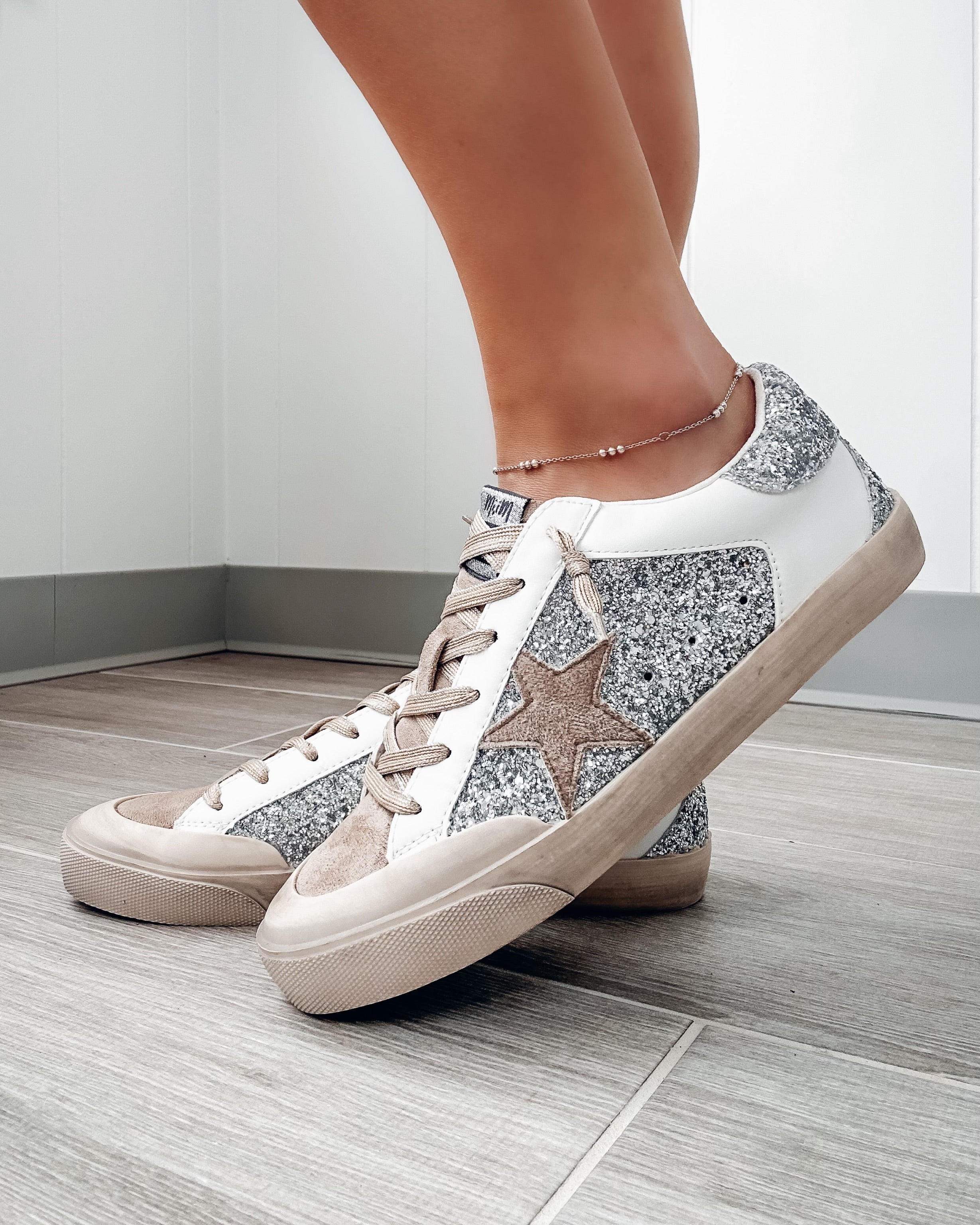 Becca Glitter Star Sneakers- Silver/White