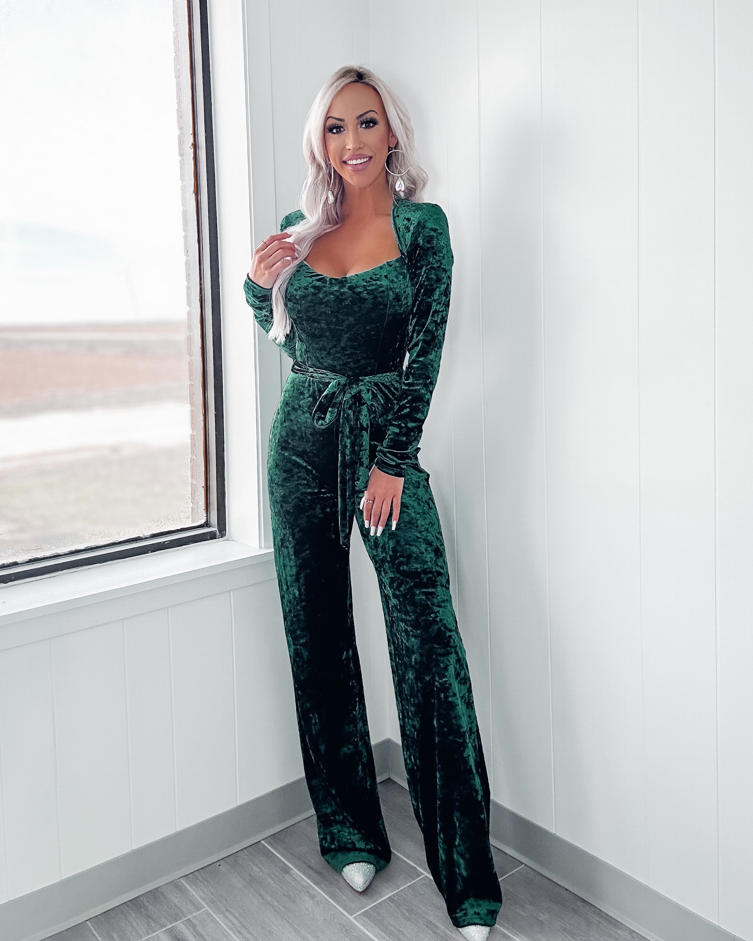 Grab Me By The Hand Velvet Jumpsuit - Green