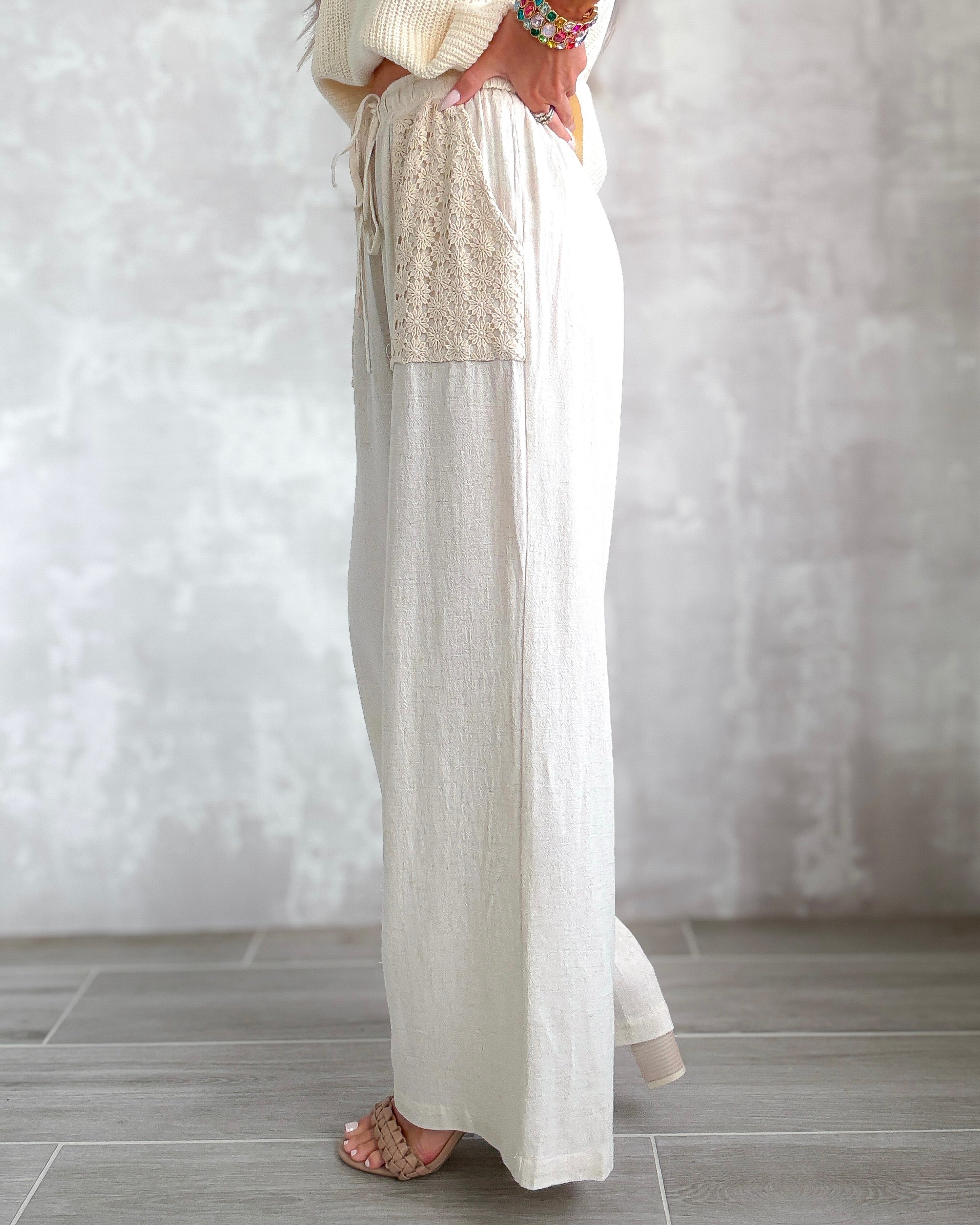 Coastal Linen Crochet Wide Leg Pants - Natural