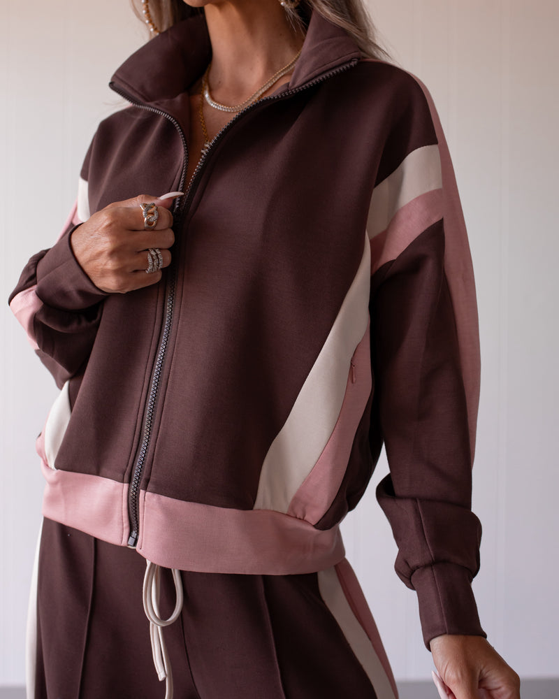 Latte Love Stripe Zip Up Jacket - Brown/Pink