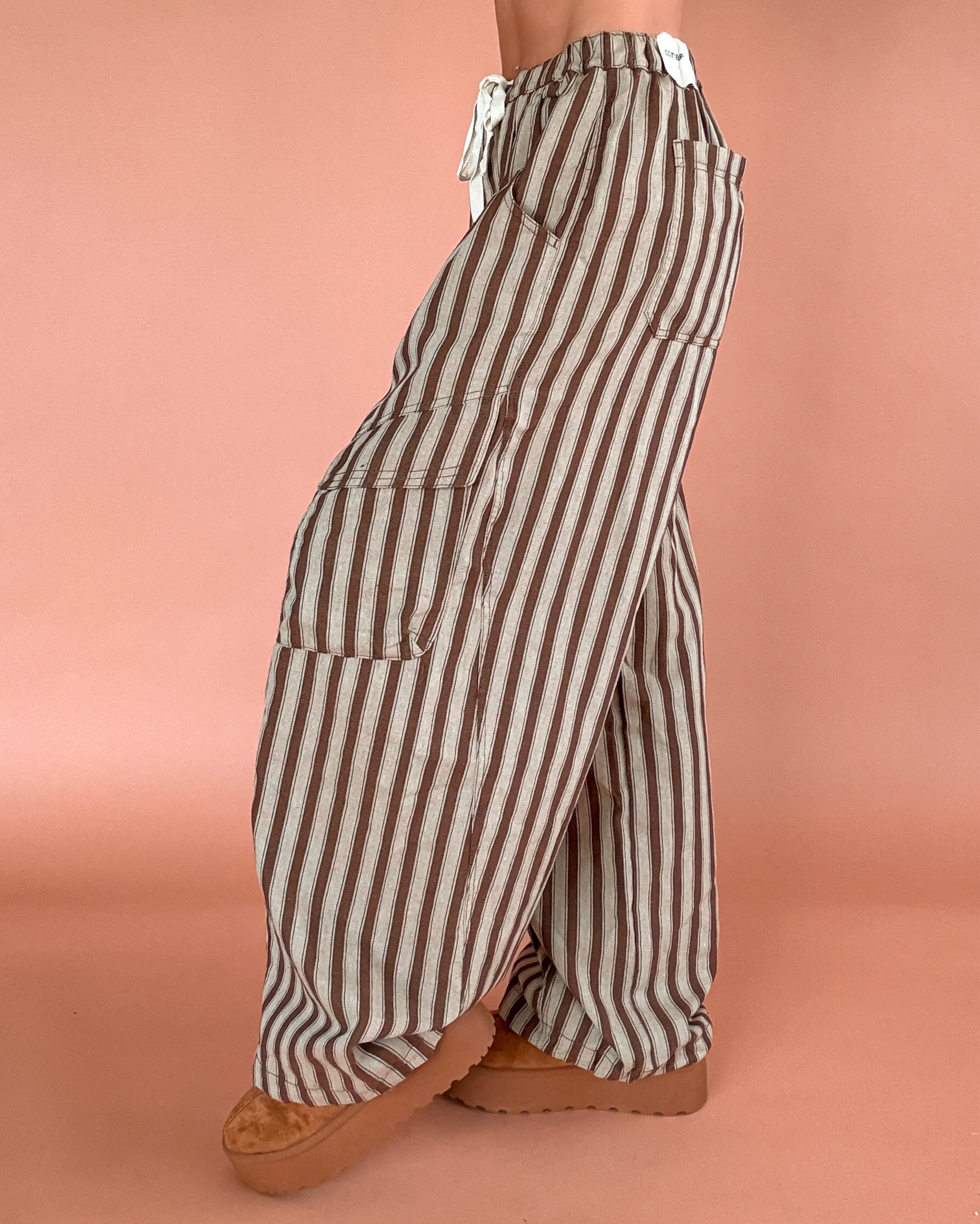 Chic Cargo Striped Wide Leg Pants - Taupe
