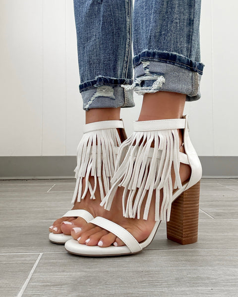Gela Fringe Block Heels White Bar T Boutique LLC