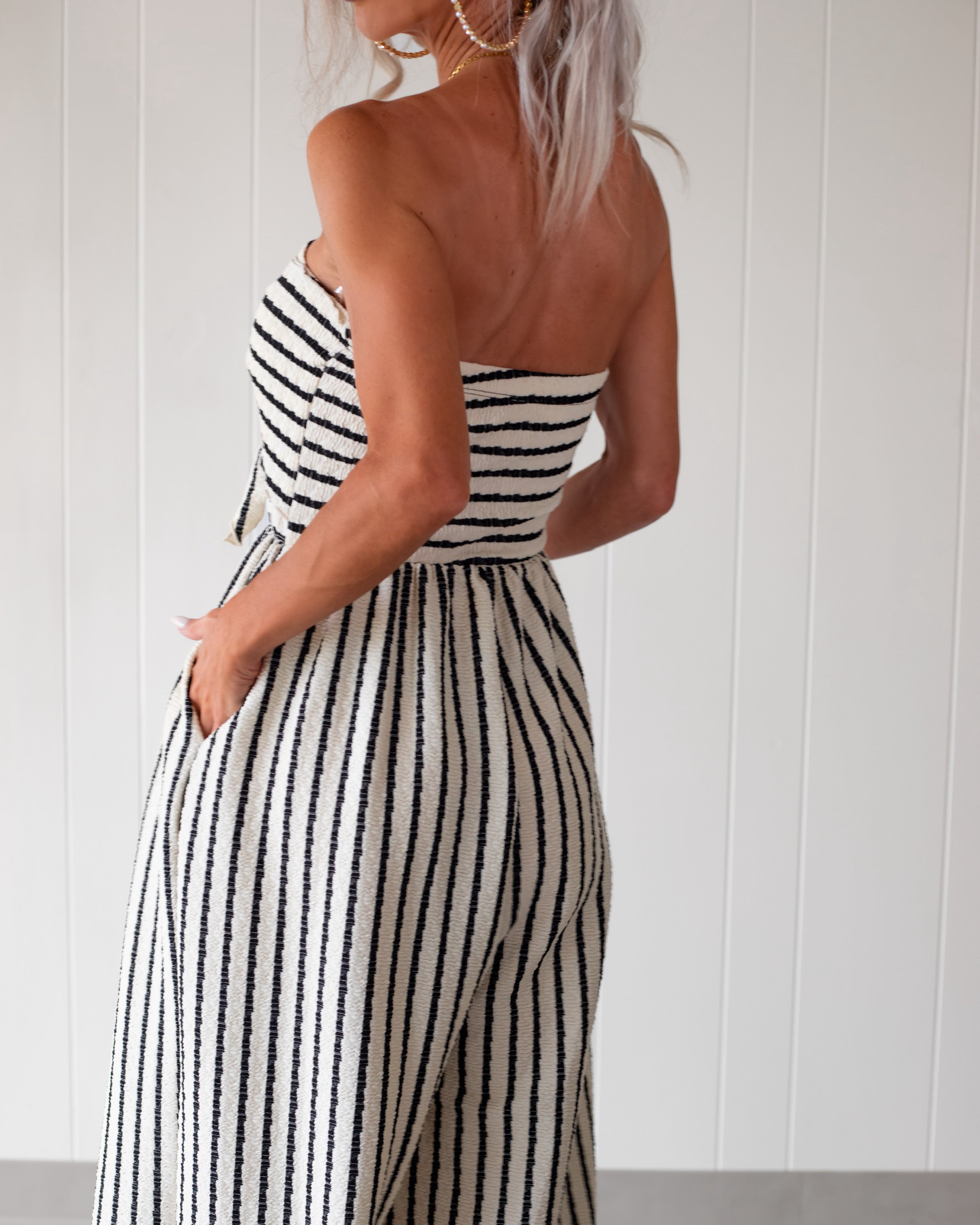 Knotted Up in Stripes Jumpsuit - White/Black