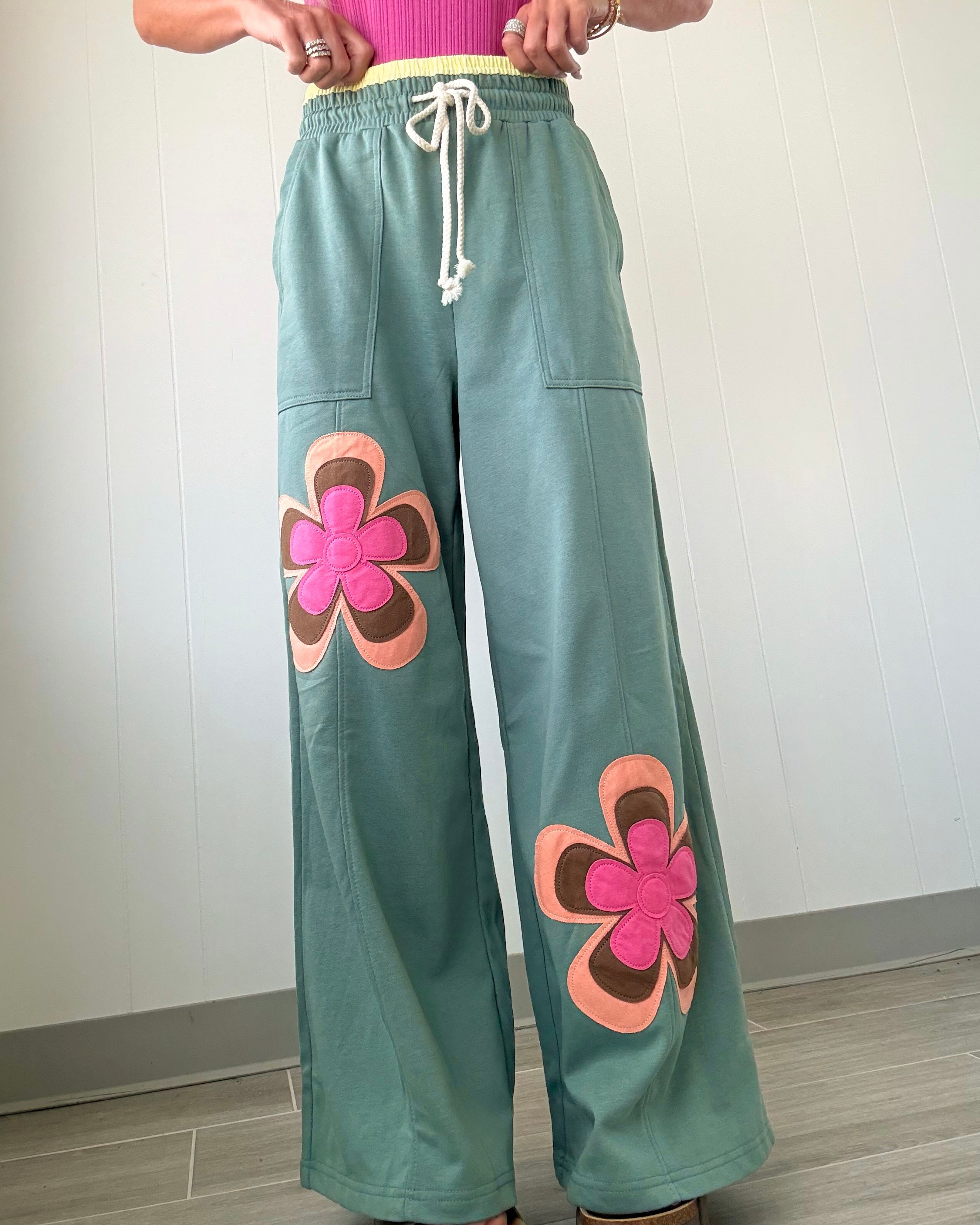 Retro Bloom Wide Leg Pants - Sea Green