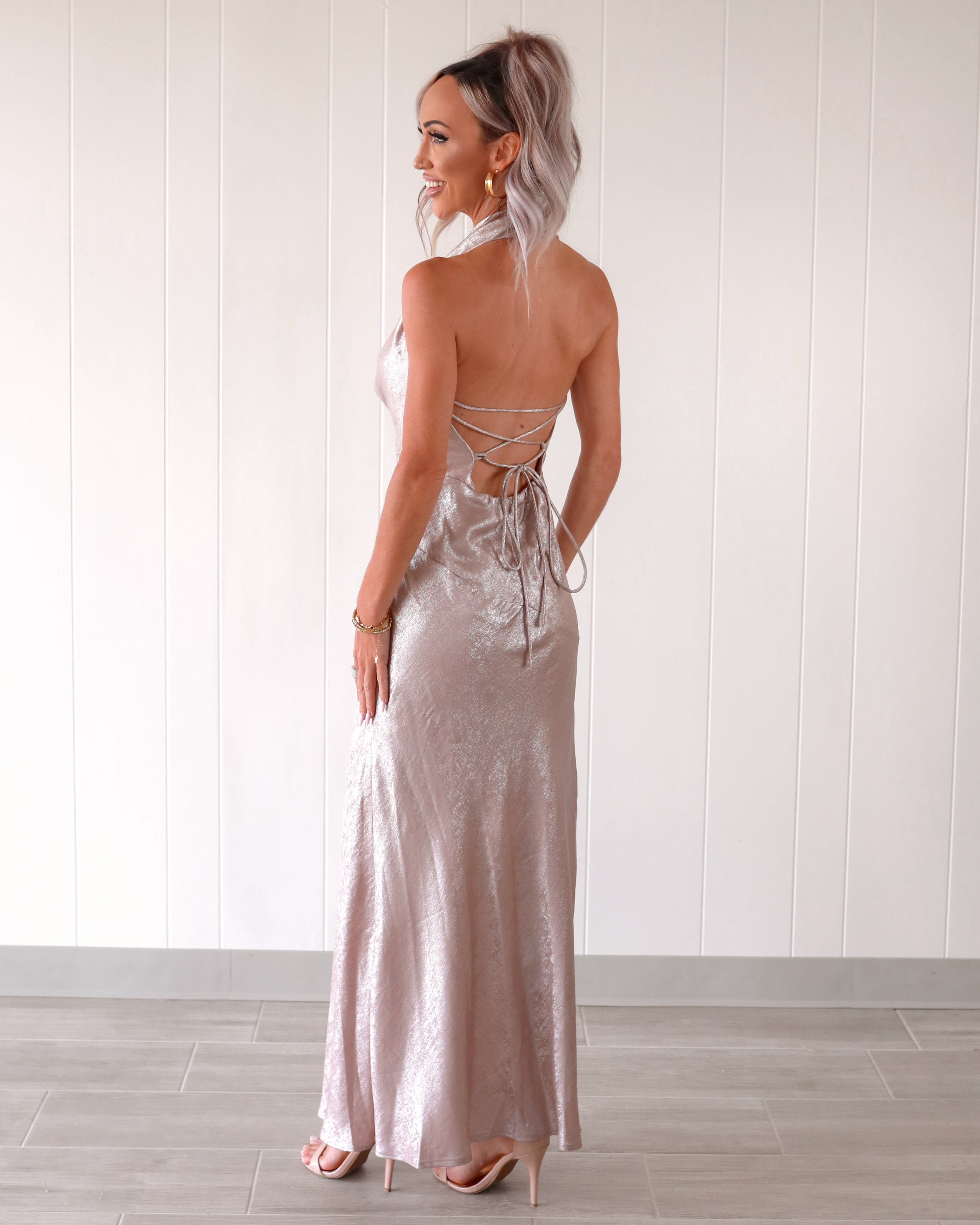 Too Precious Draped Halter Neck Dress - Champagne