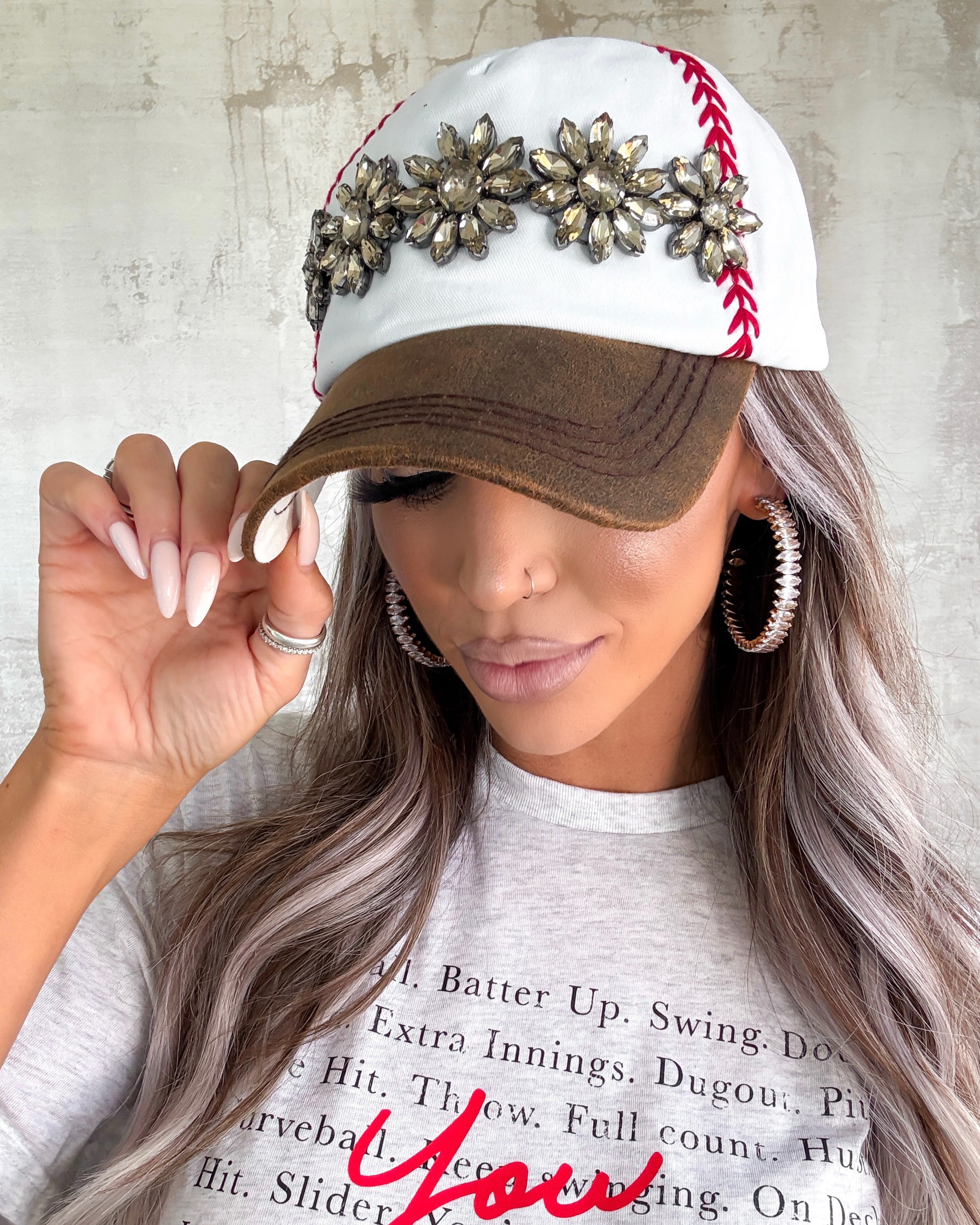 Baseball Bling Glitz Cap -White/Tan