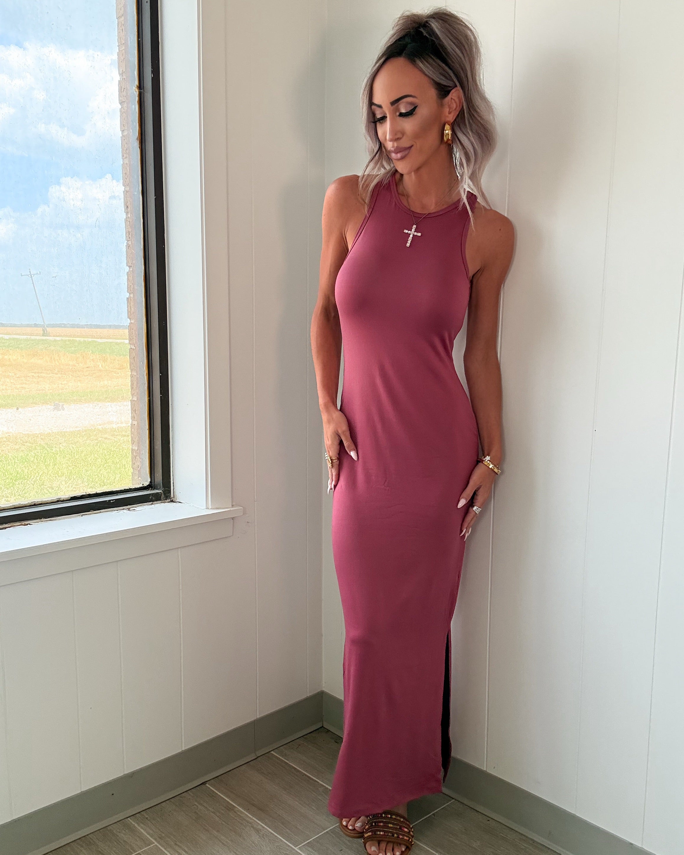 Berry High Neck Maxi Dress