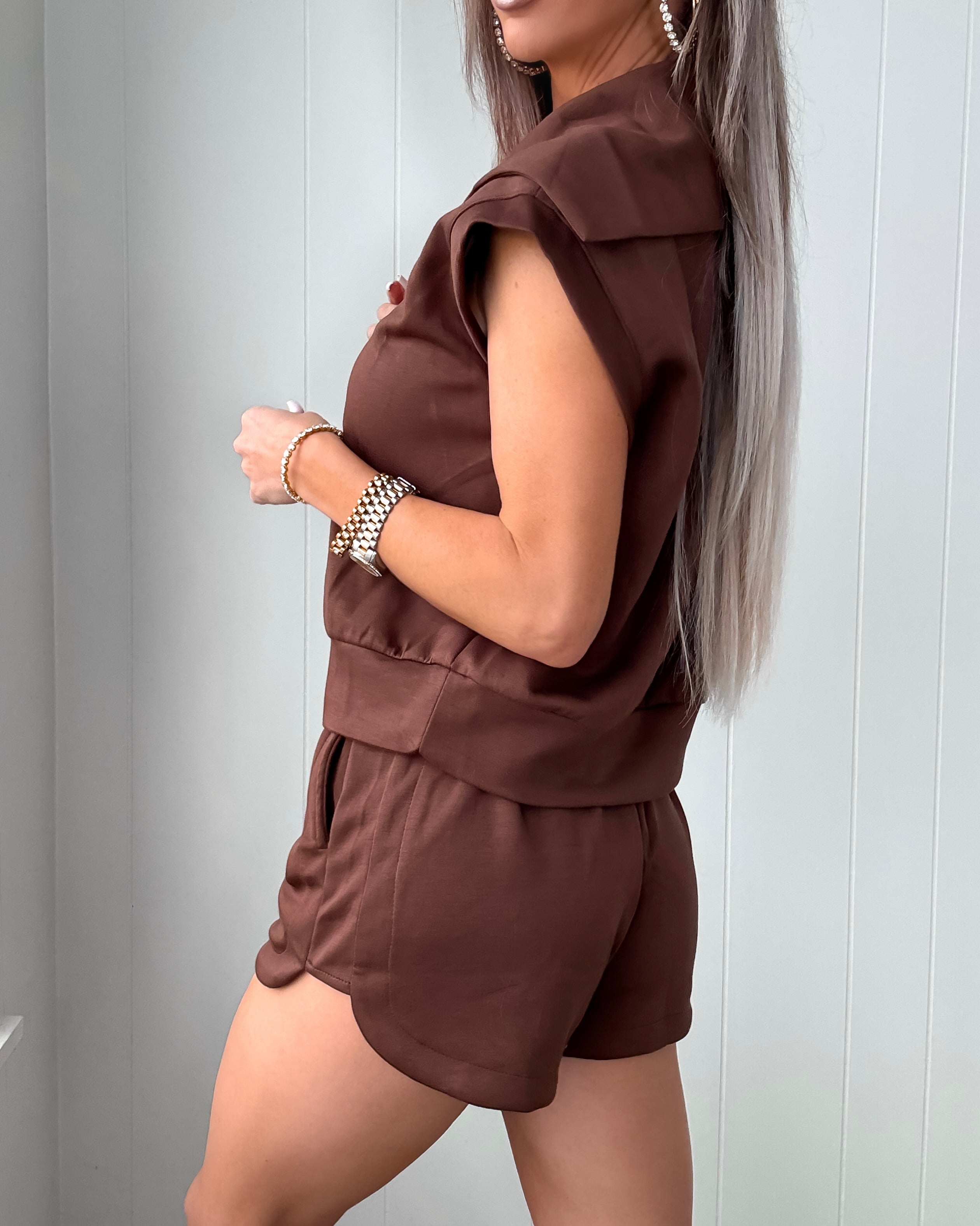 Blake Cropped Sweatshirt & Shorts Set - Chocolate