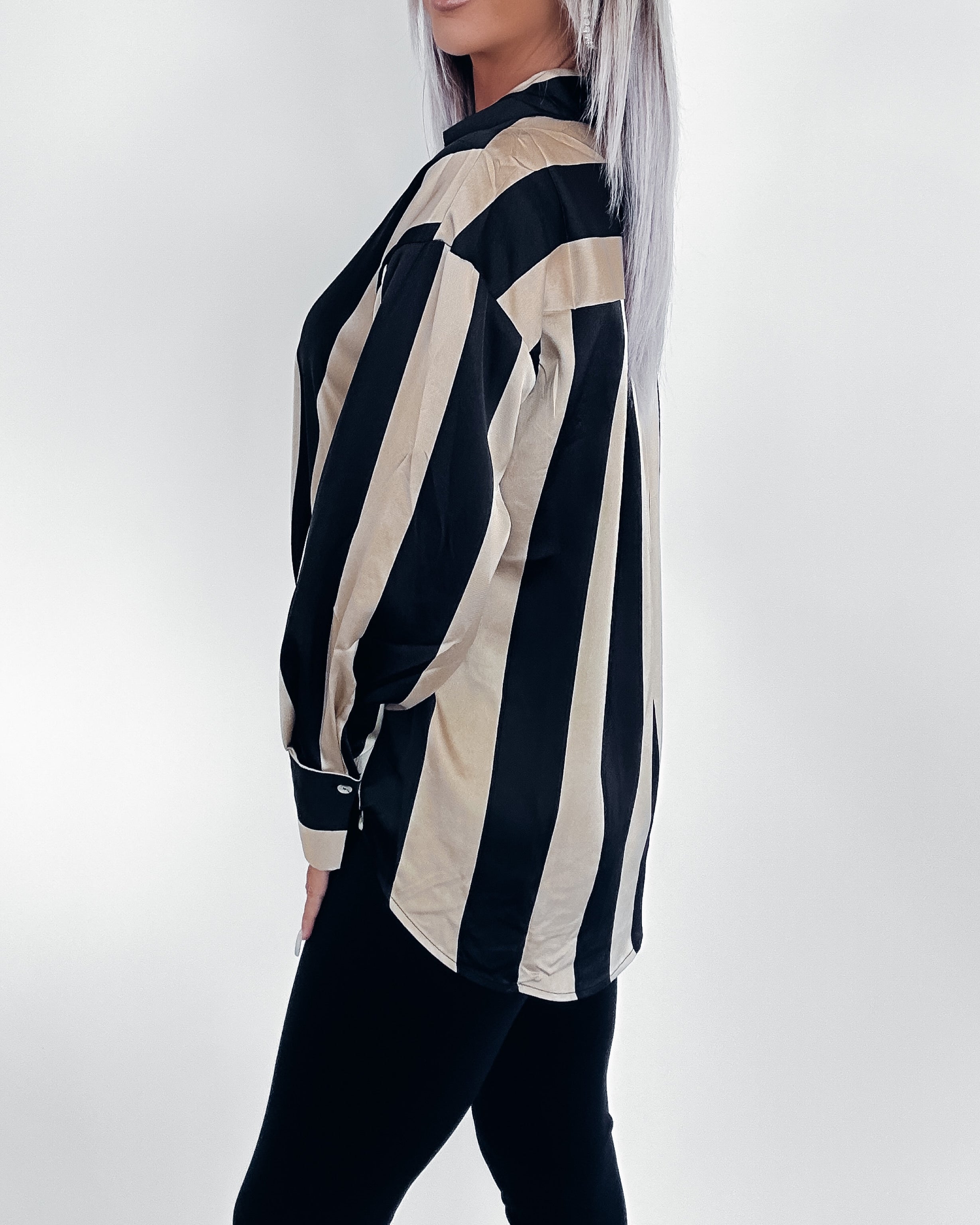 A New Vision Satin Striped Top- Black