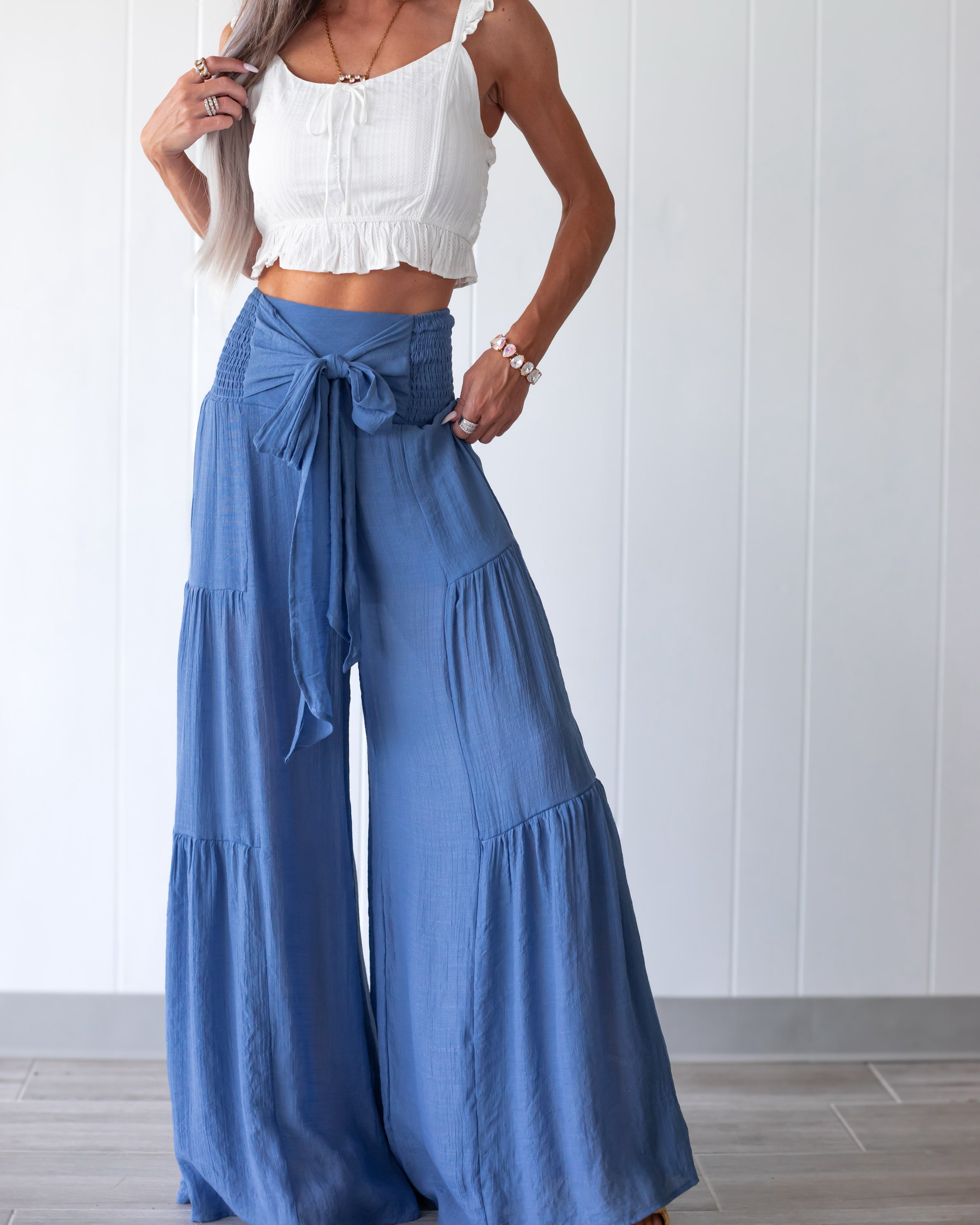 Breezy Days Tie Waist Pants - Blue