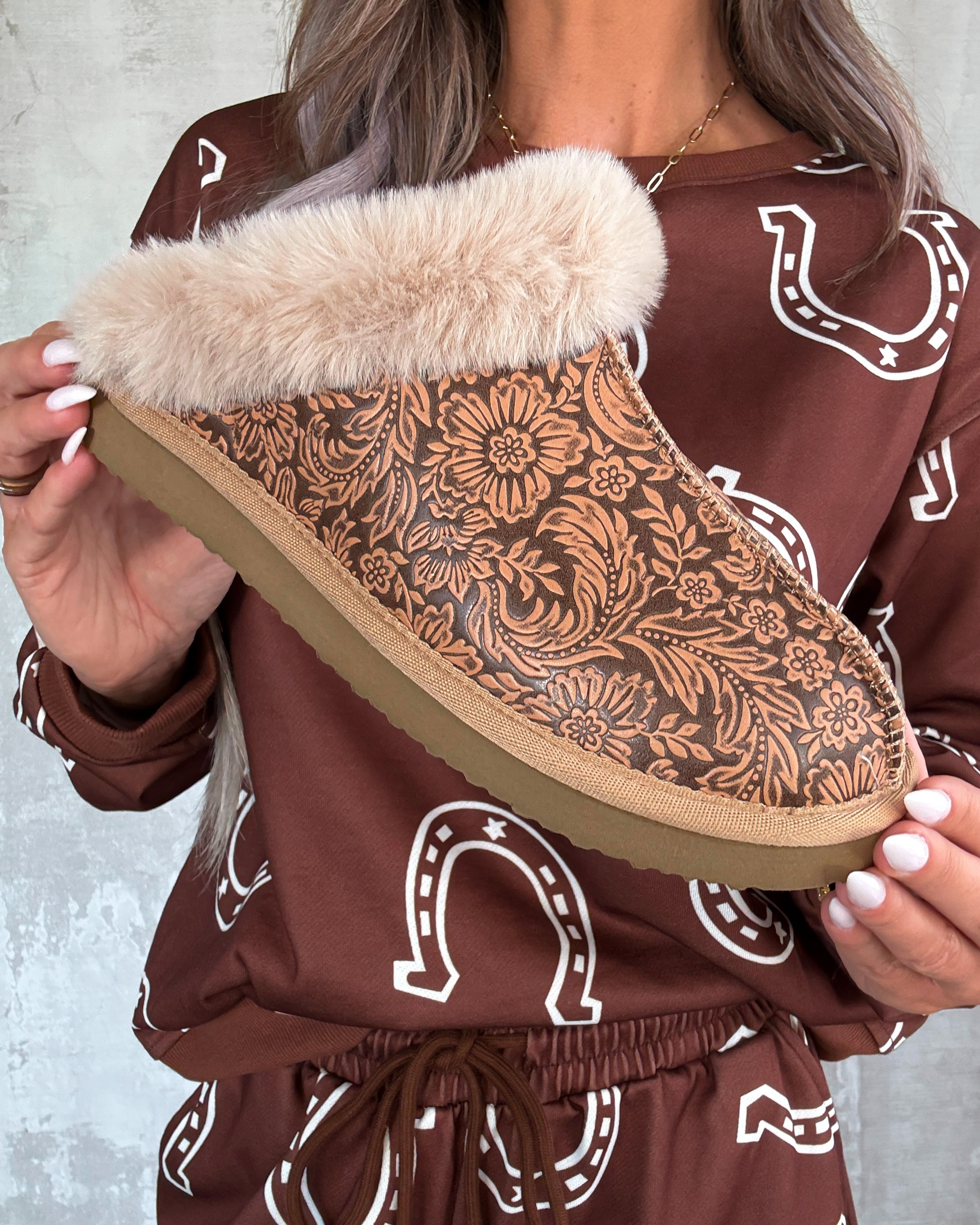 Lolly Embossed Fur Lined Slippers - Nude