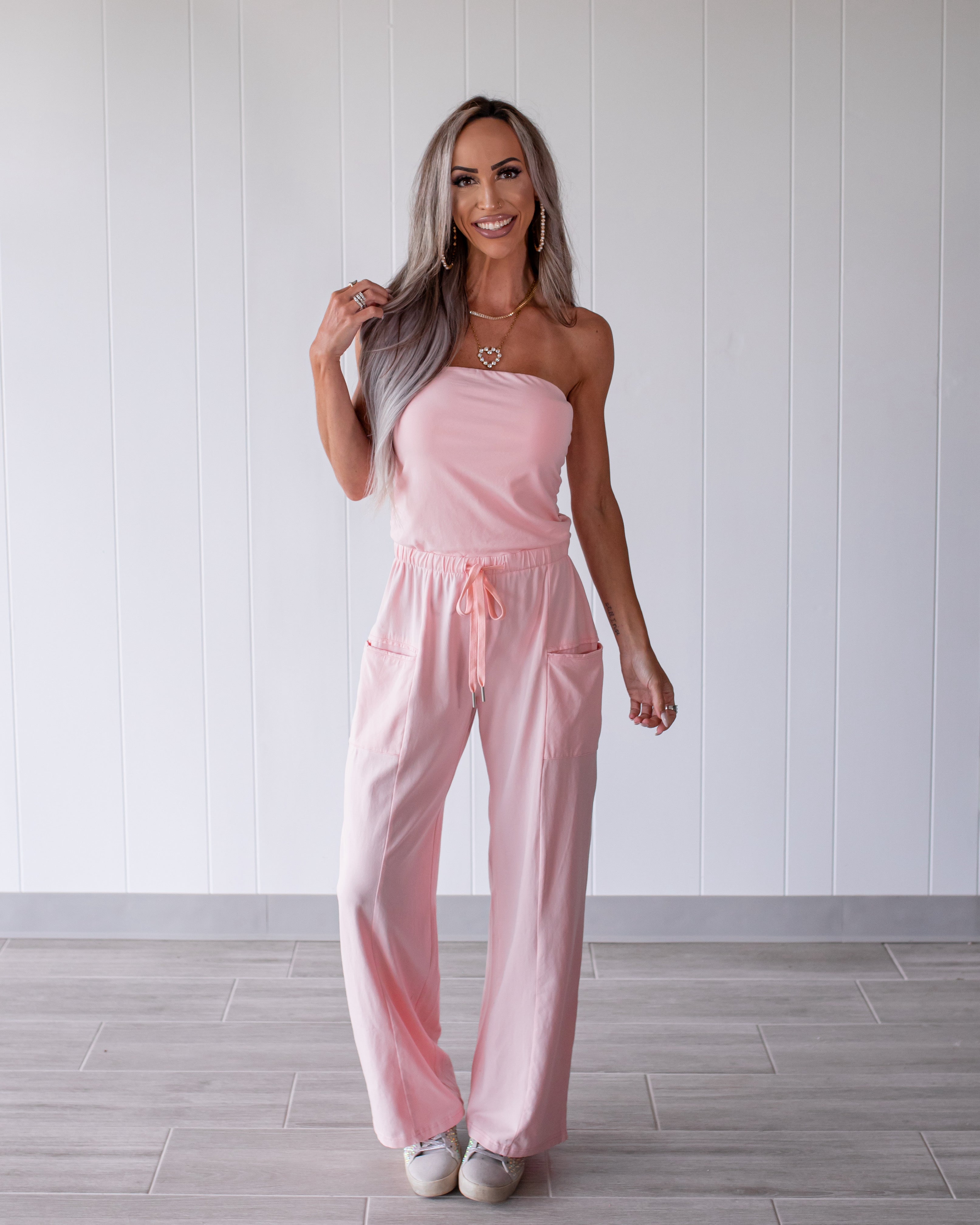 Pretty in Pink Tie Wide Leg Jumpsuit- Light Pink