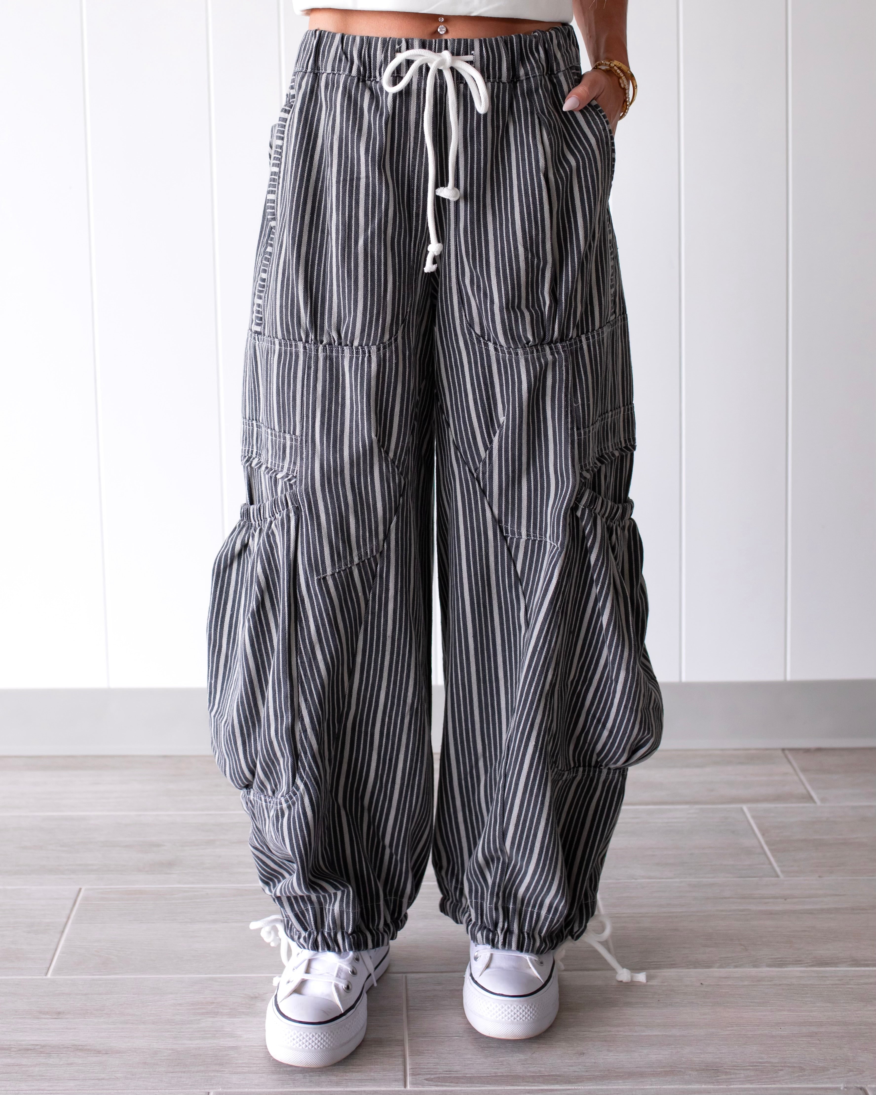 Chasing Clouds Striped Parachute Pants - Charcoal