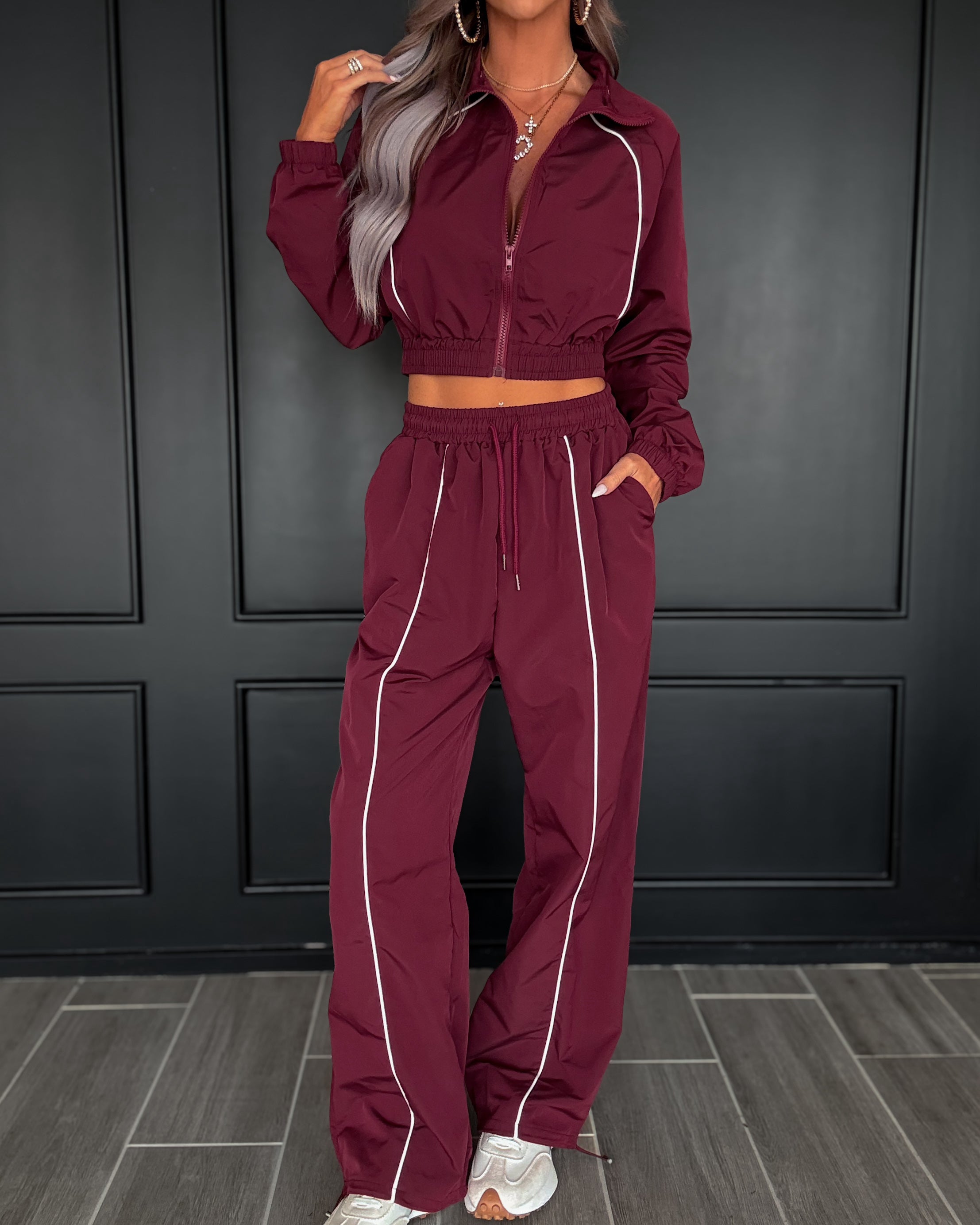 Trackside Windbreaker Pants Set - Burgundy