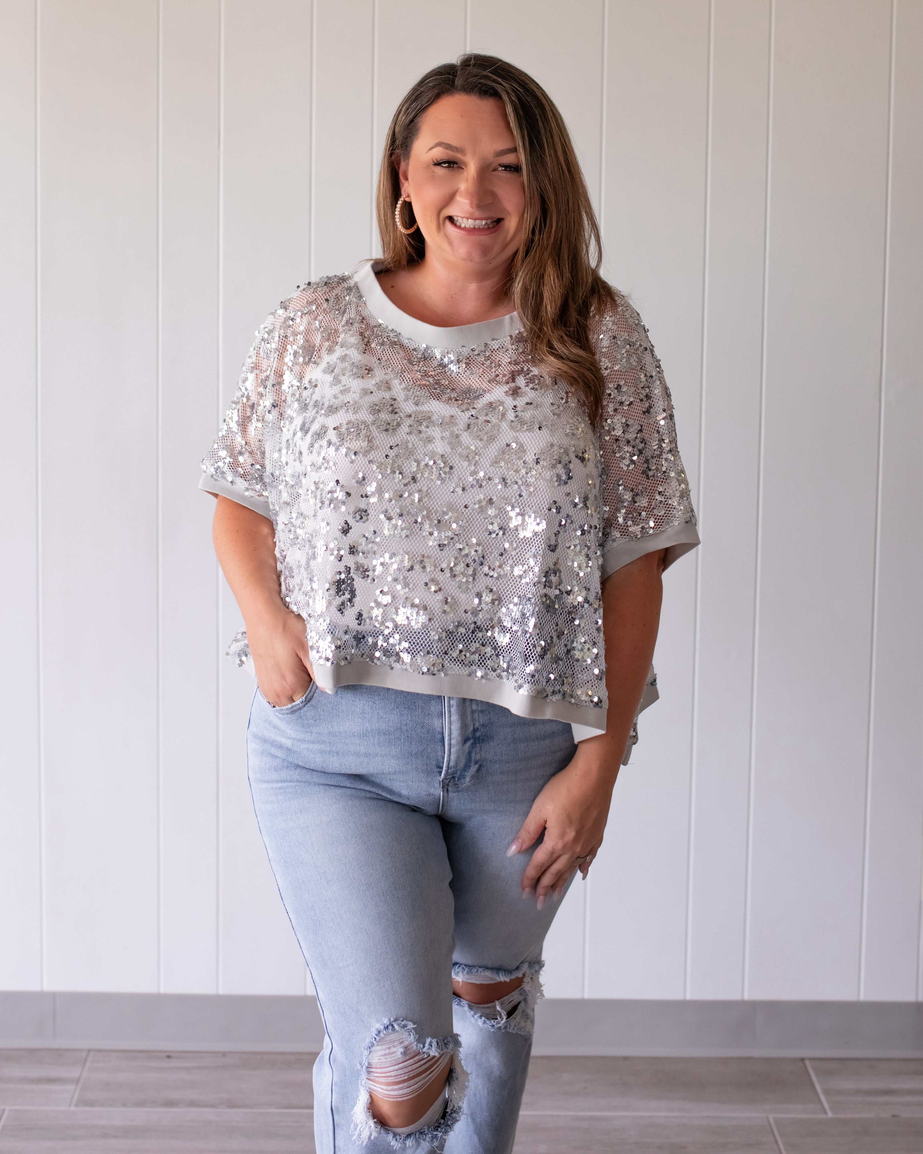 Disco Baby Metallic Sequin Mesh Top - Silver