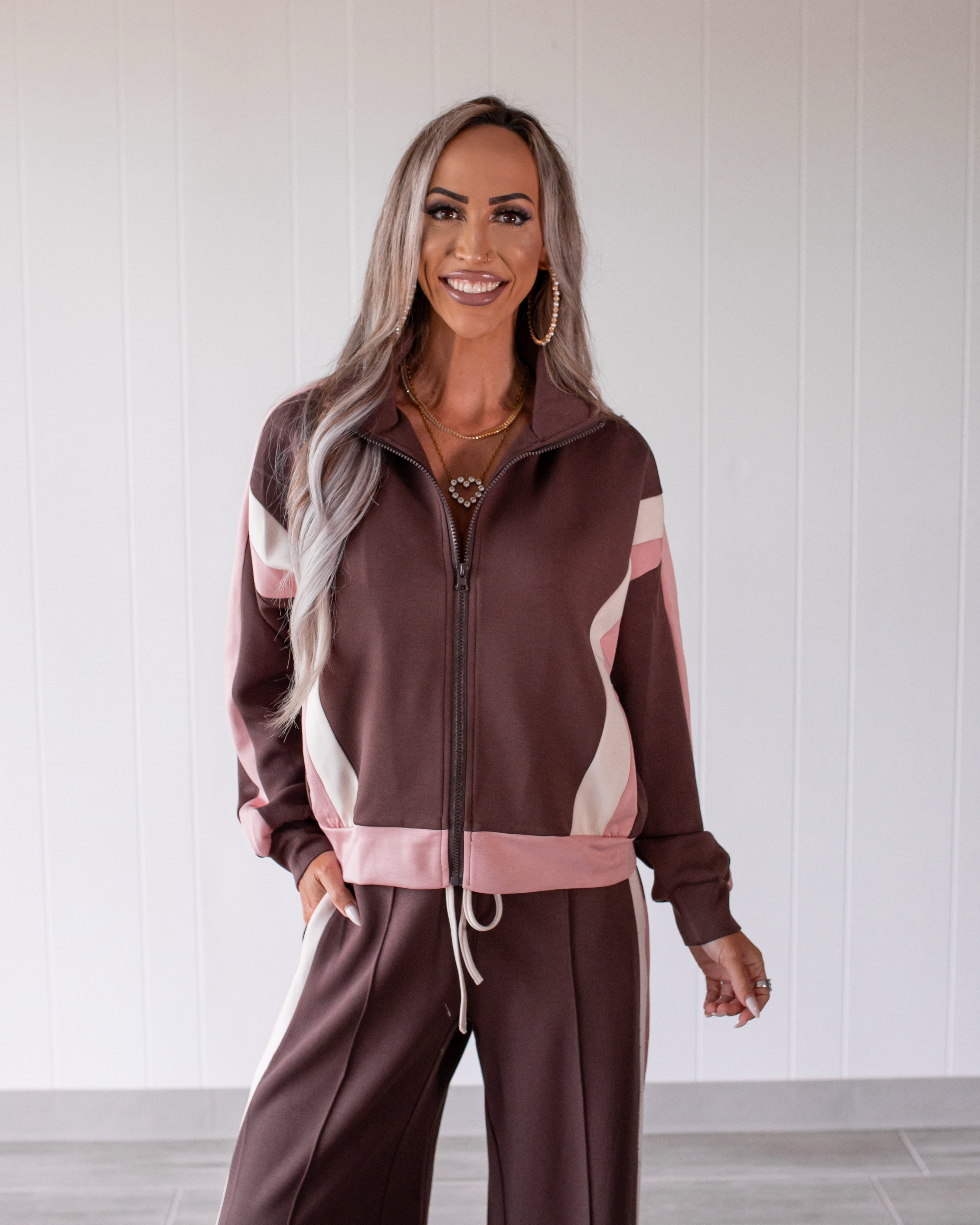 Latte Love Stripe Zip Up Jacket - Brown/Pink