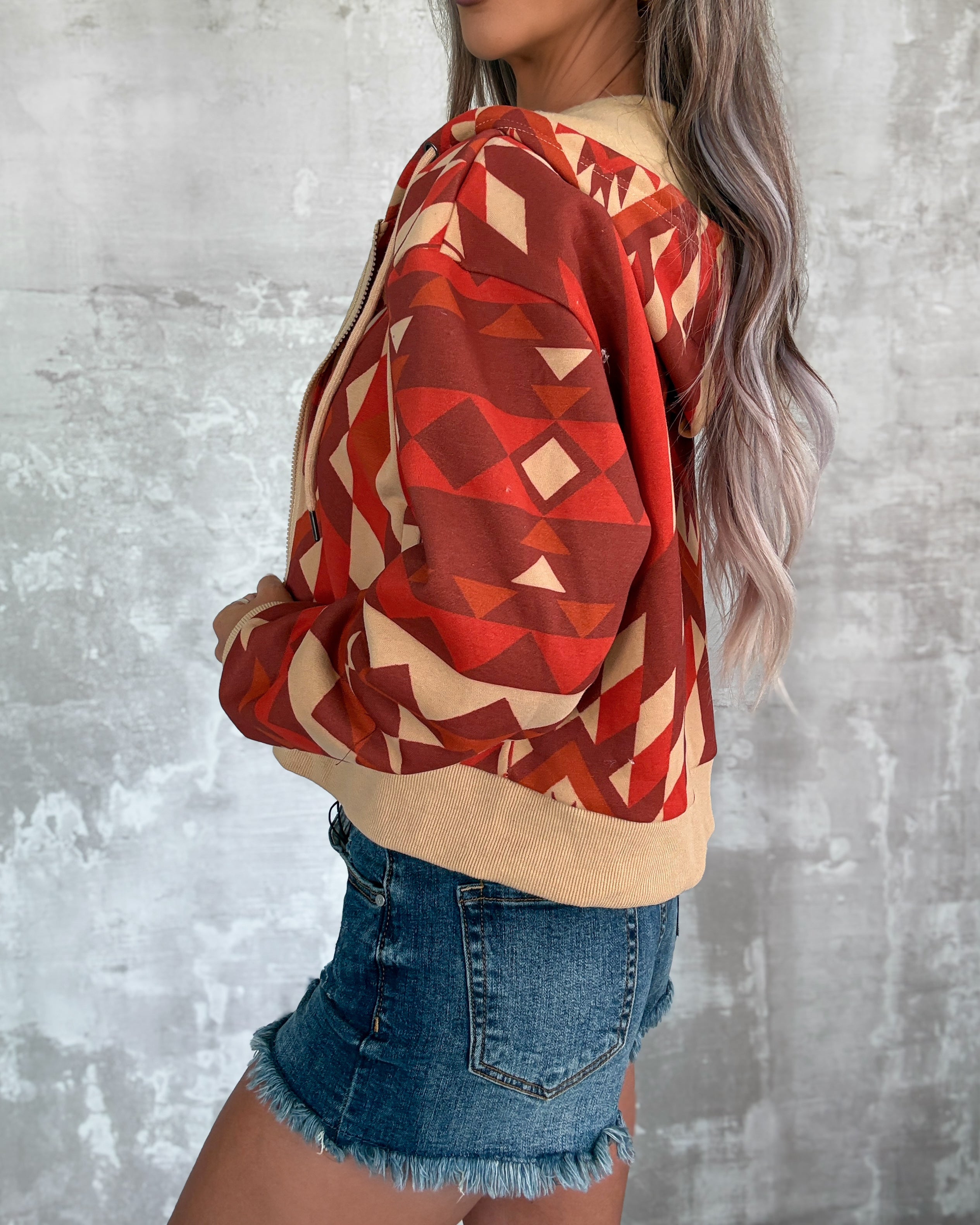 Spice & Stitch Zip-Up Crop Hoodie - Rust Aztec