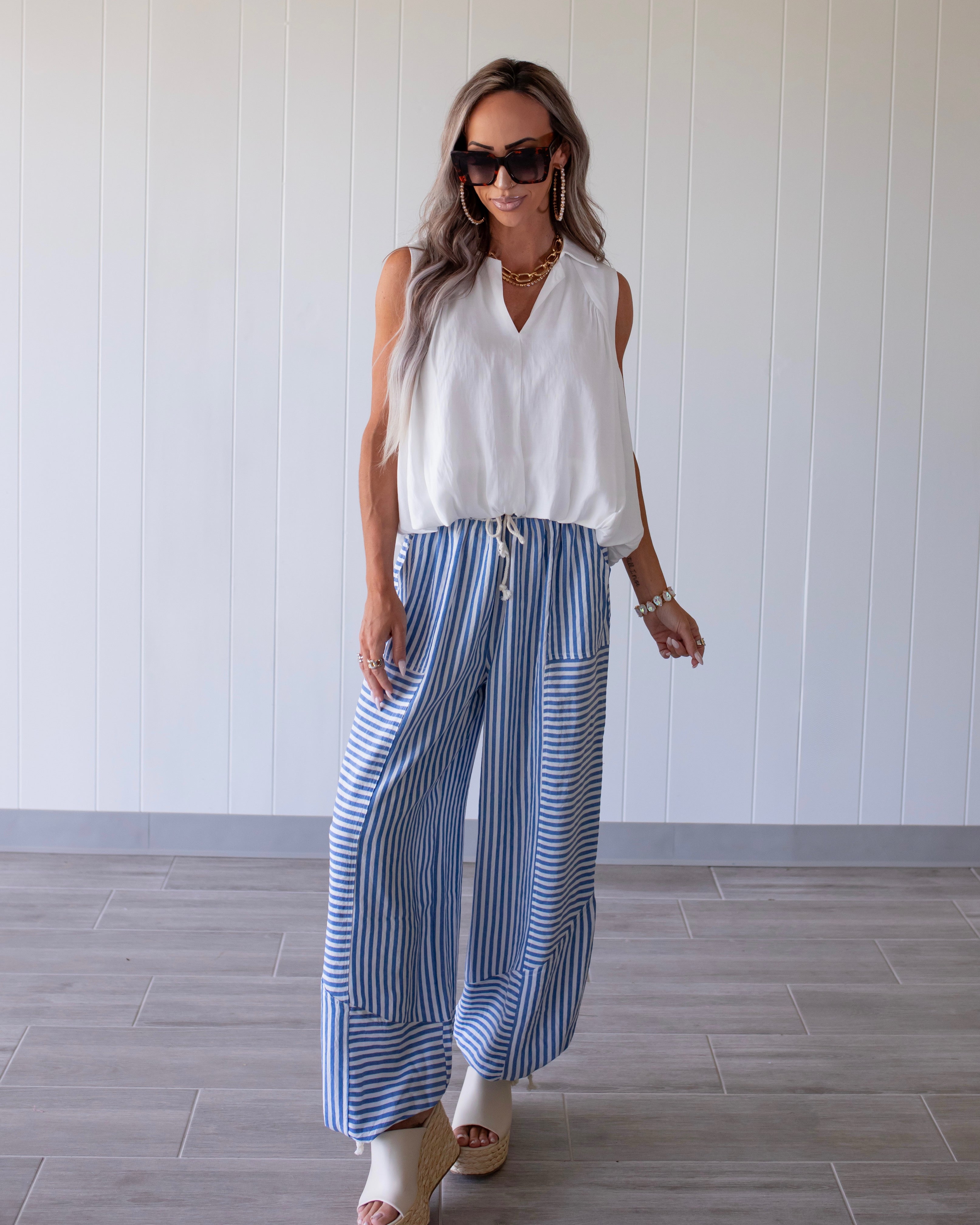 Girly Stripe Patchwork Joggers - Blue